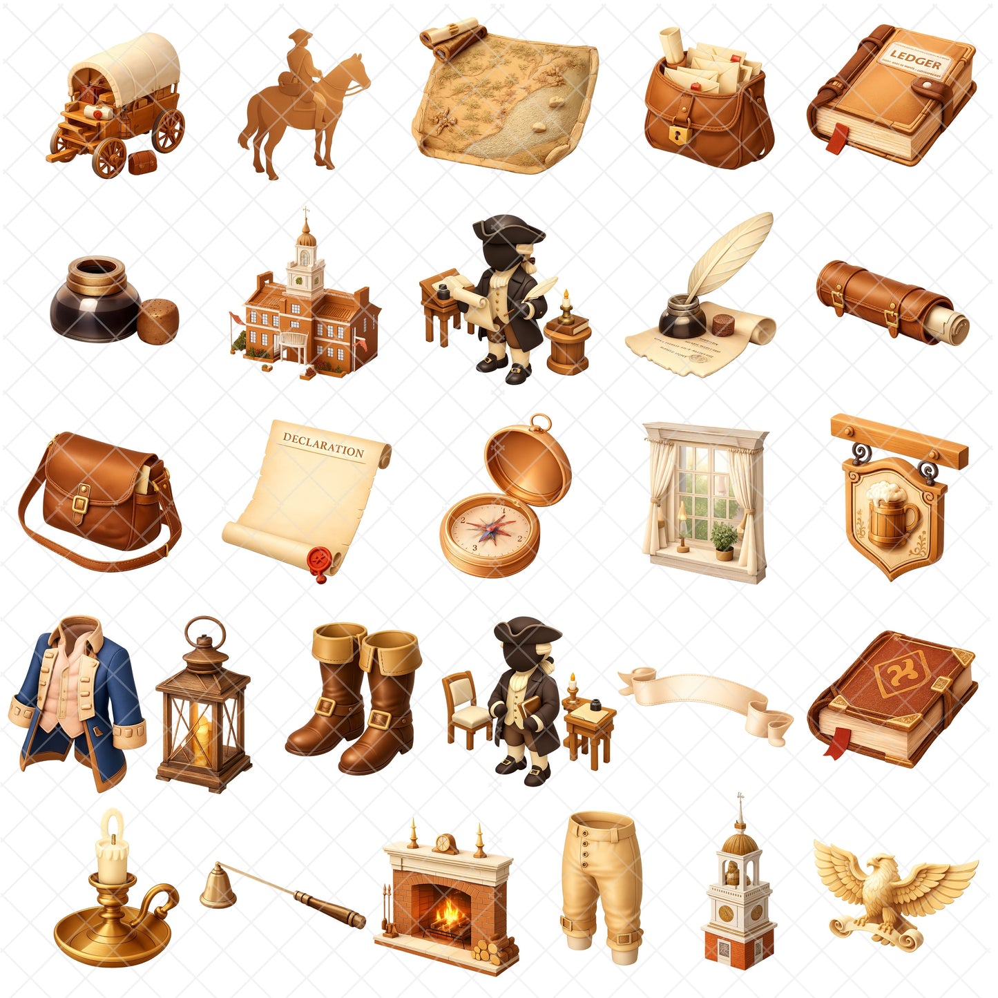 Founding Father Clipart Bundle – Colonial Desk, Documents & Printing Press PNG, US History Classroom Graphics, Patriotic 3D Art, 54 PNG