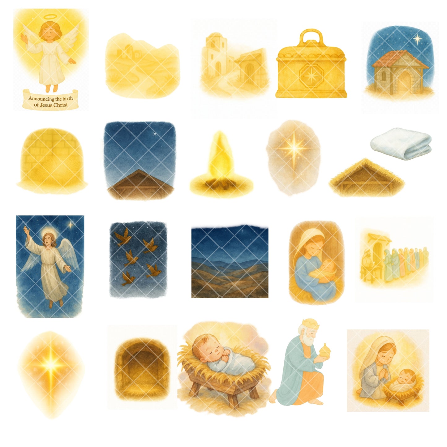 Nativity Scene Clipart PNG Bundle – 60 Jesus Birth Watercolor Graphics (Christian Christmas Digital Download)