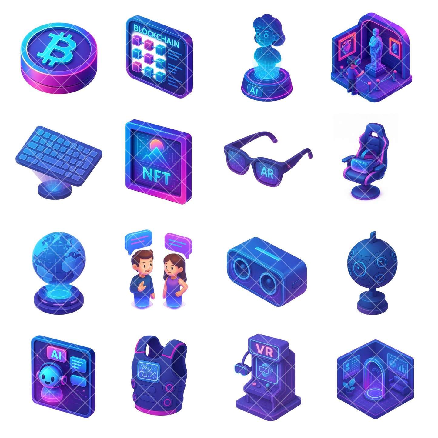 Virtual Reality AI Clipart PNG | Futuristic Tech Icons | Metaverse VR Graphics | 3D Neon AI Illustrations | Commercial Use