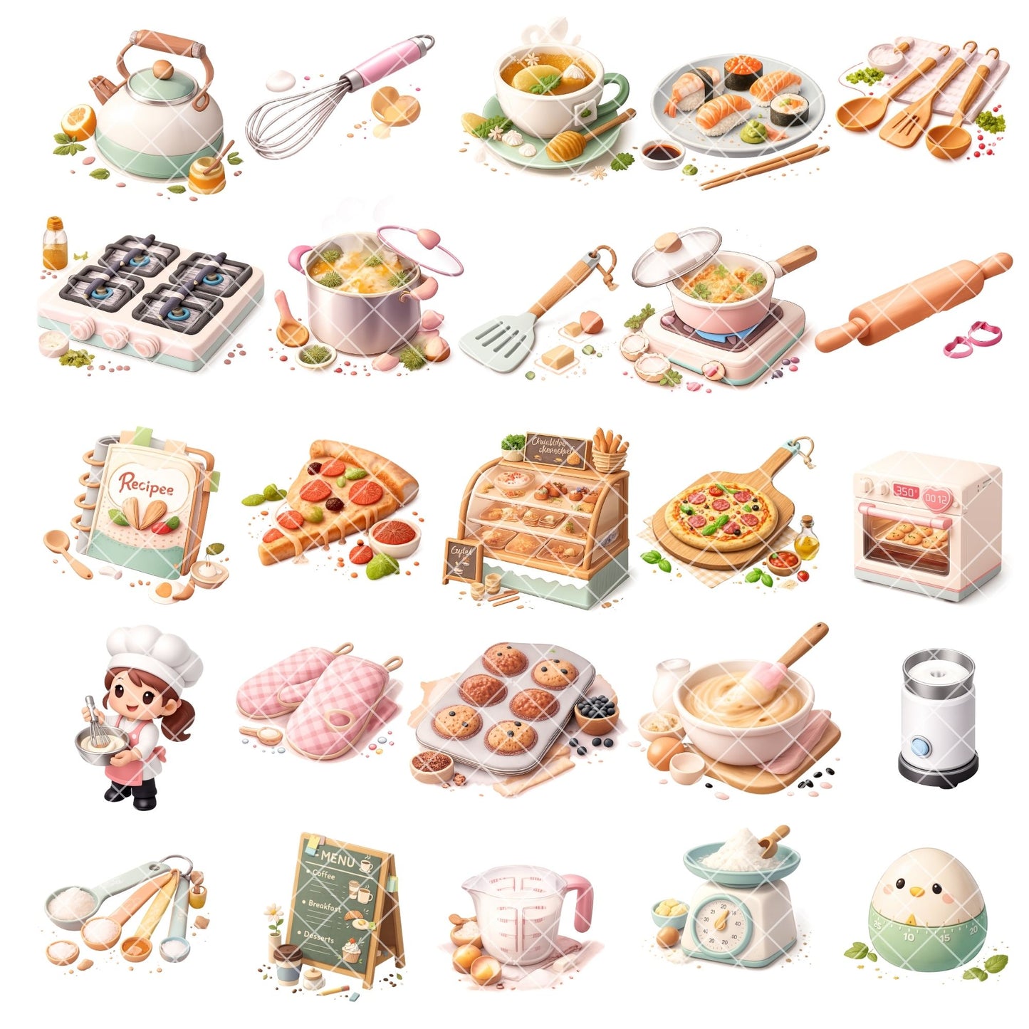 Chef and Barista PNG Clipart, Bakery & Cafe Isometric Graphics, Cute Kitchen Art, Recipe Cards, Stickers, Commercial Use, 50 PNG