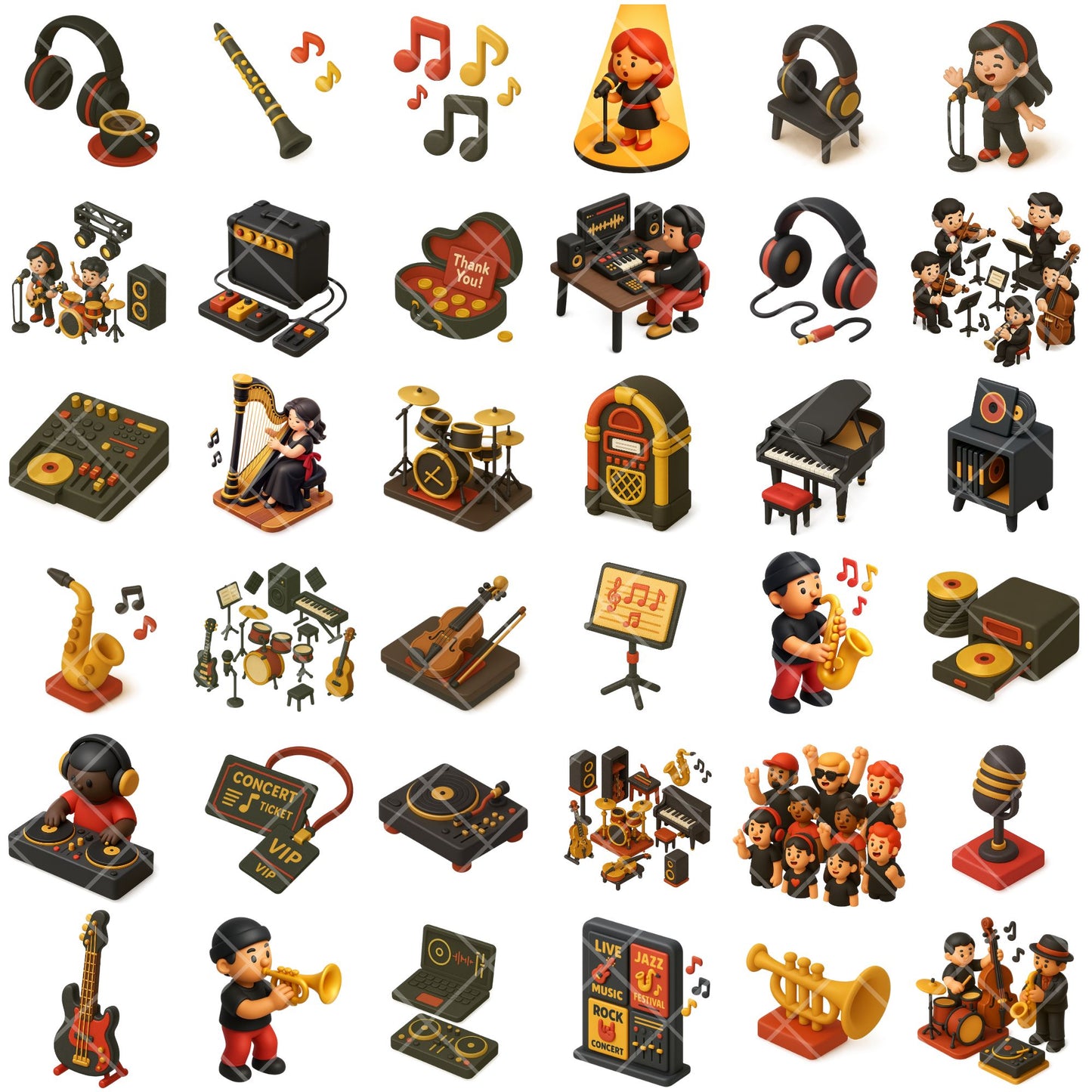 Music Clipart Bundle, 3D Isometric Music PNG, Instruments & Musicians, DJ Band Concert Graphics