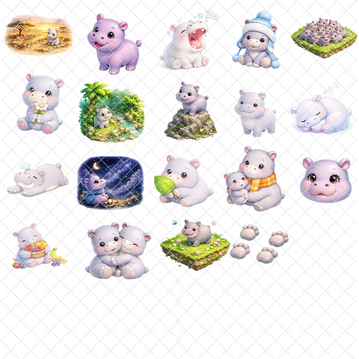 Hippo 3D Clipart PNG Bundle – 44 Cute Jungle & Safari Baby Hippo Graphics for Nursery & Kids Crafts