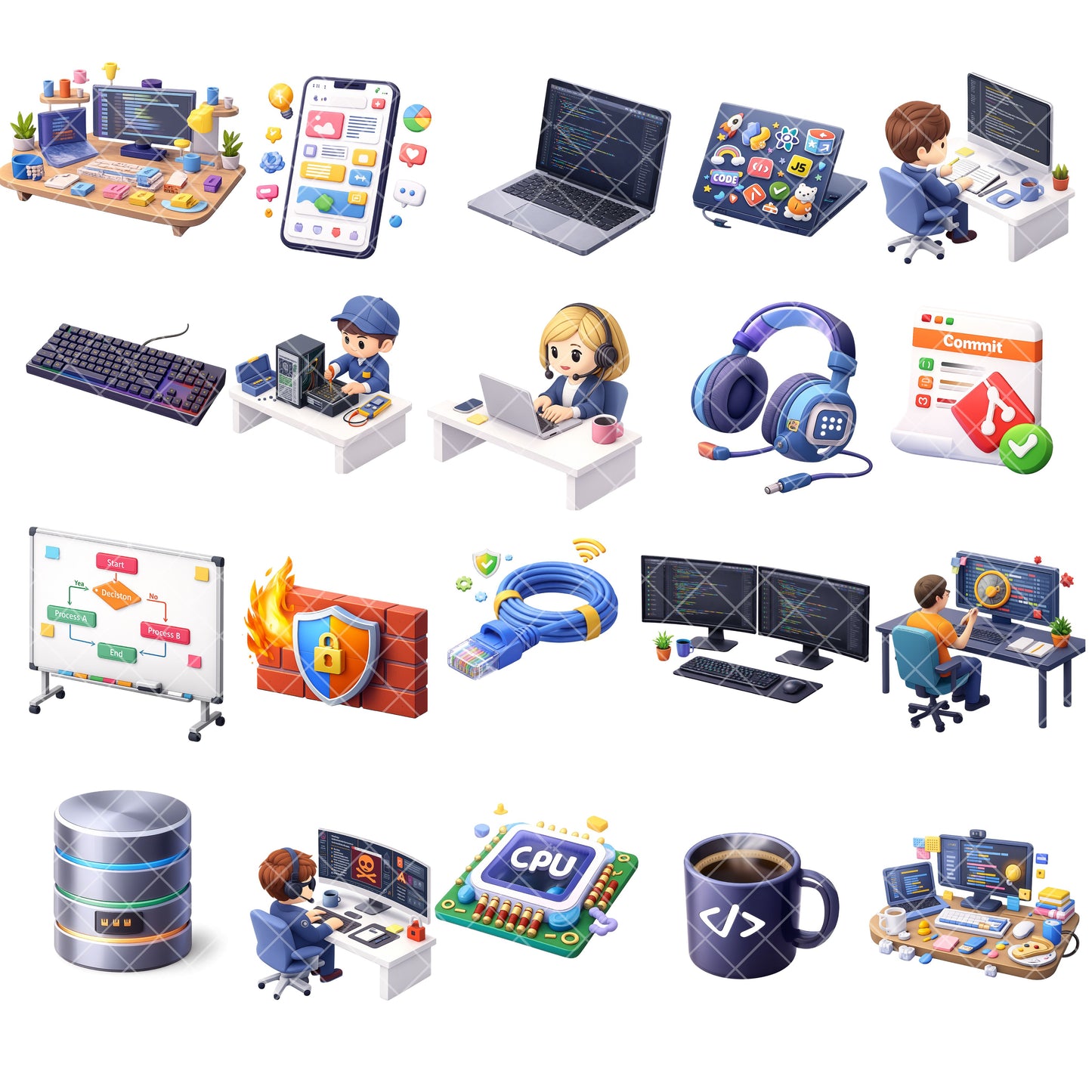 IT Programmer Clipart Bundle, Coding PNG Files, Developer & AI Graphics, Tech Icons, Commercial Use Digital Download, 48 PNG