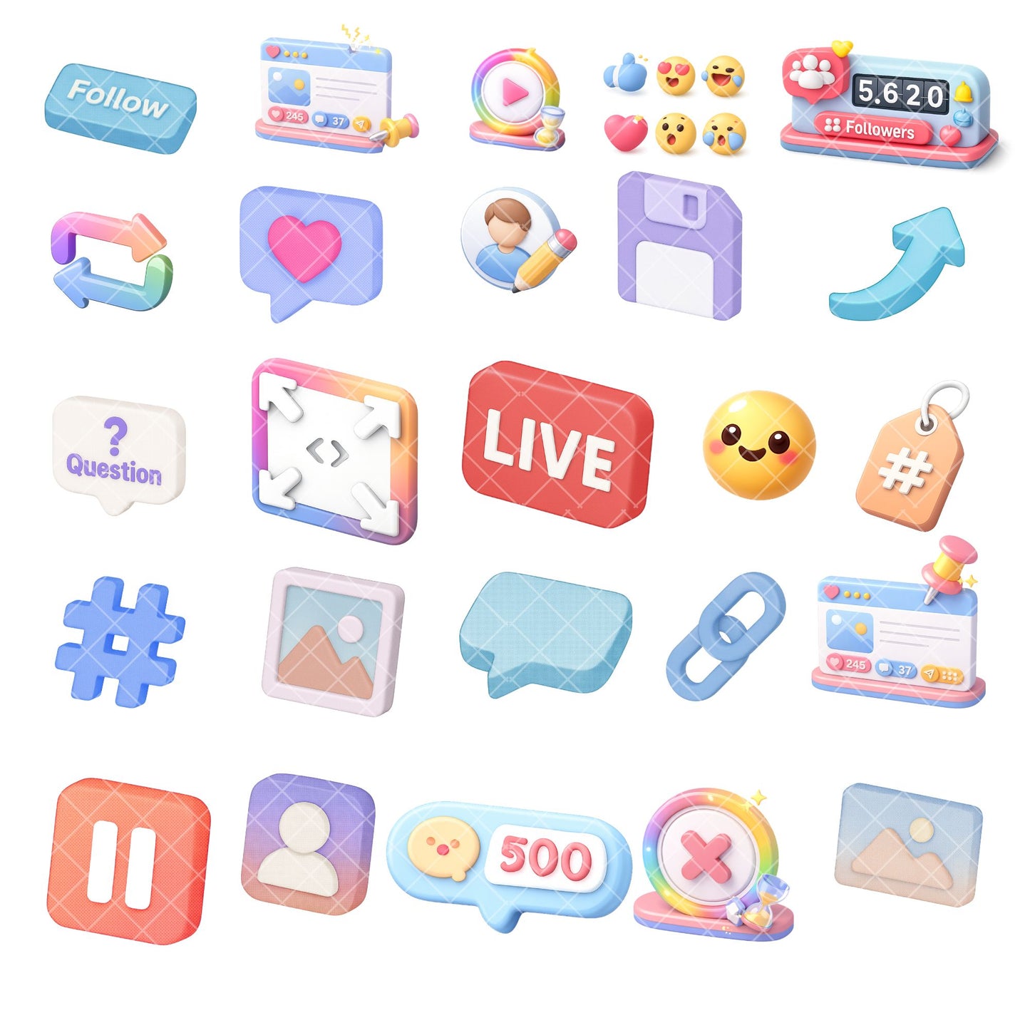 Social Media 3D Clipart PNG Bundle – 59 Influencer Icons for Likes, Followers & Content Templates