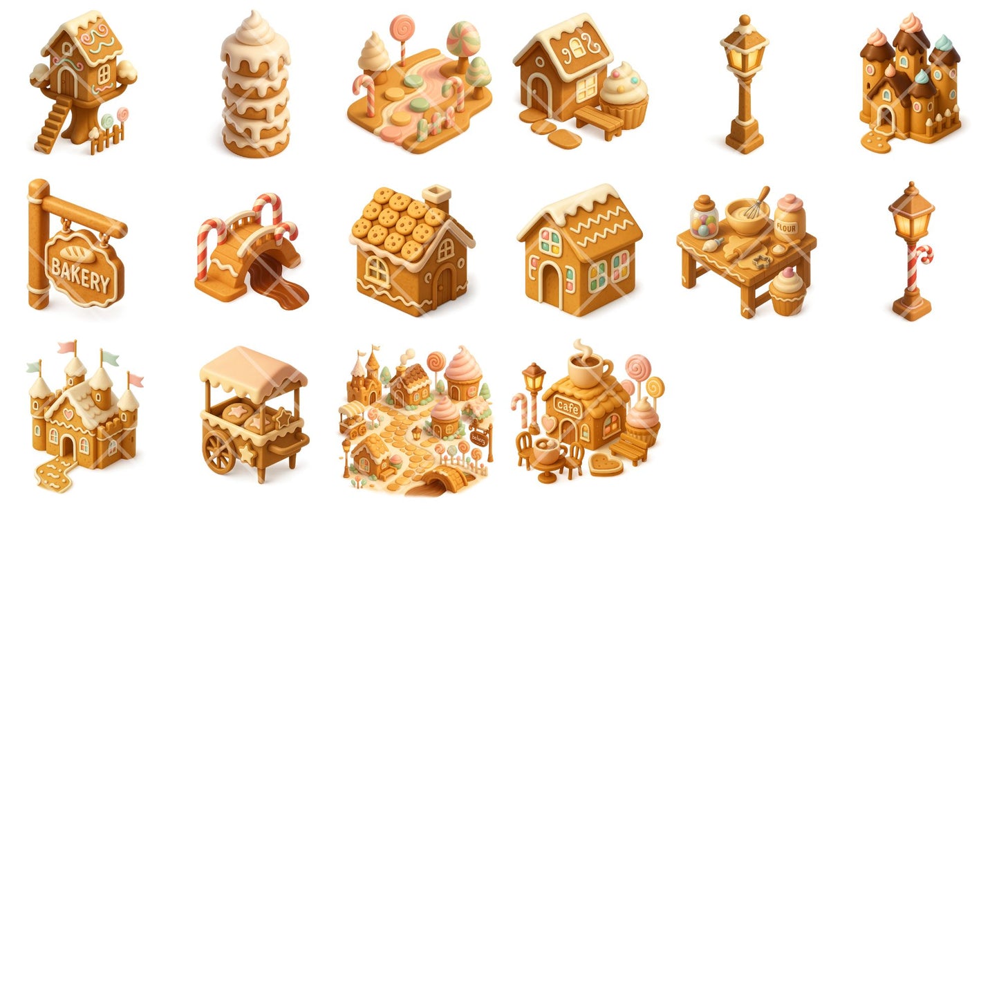 Gingerbread Village Clipart PNG | Christmas Gingerbread Houses | Candy Land Holiday Art | Gingerbread Town PNG | Commercial Use