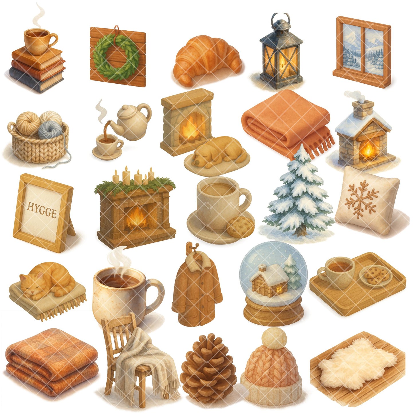 Nordic Winter Hygge Clipart – Cozy Cabin Watercolor PNG Bundle | Scandinavian Winter, Candles, Tea, Slippers (57 Files)