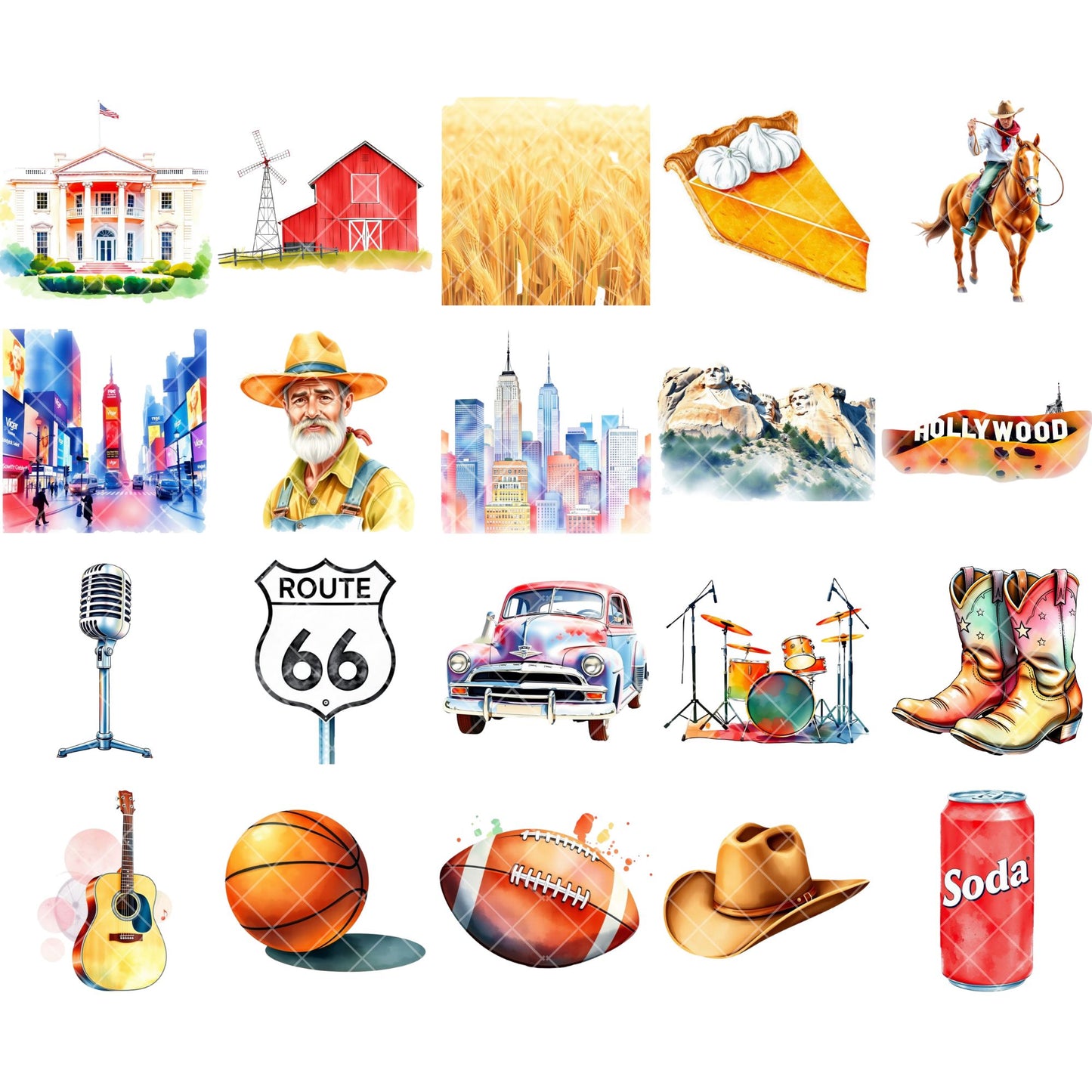 USA Watercolor Clipart PNG | Patriotic American Icons | Fourth of July Clipart | USA Culture Art | Commercial Use