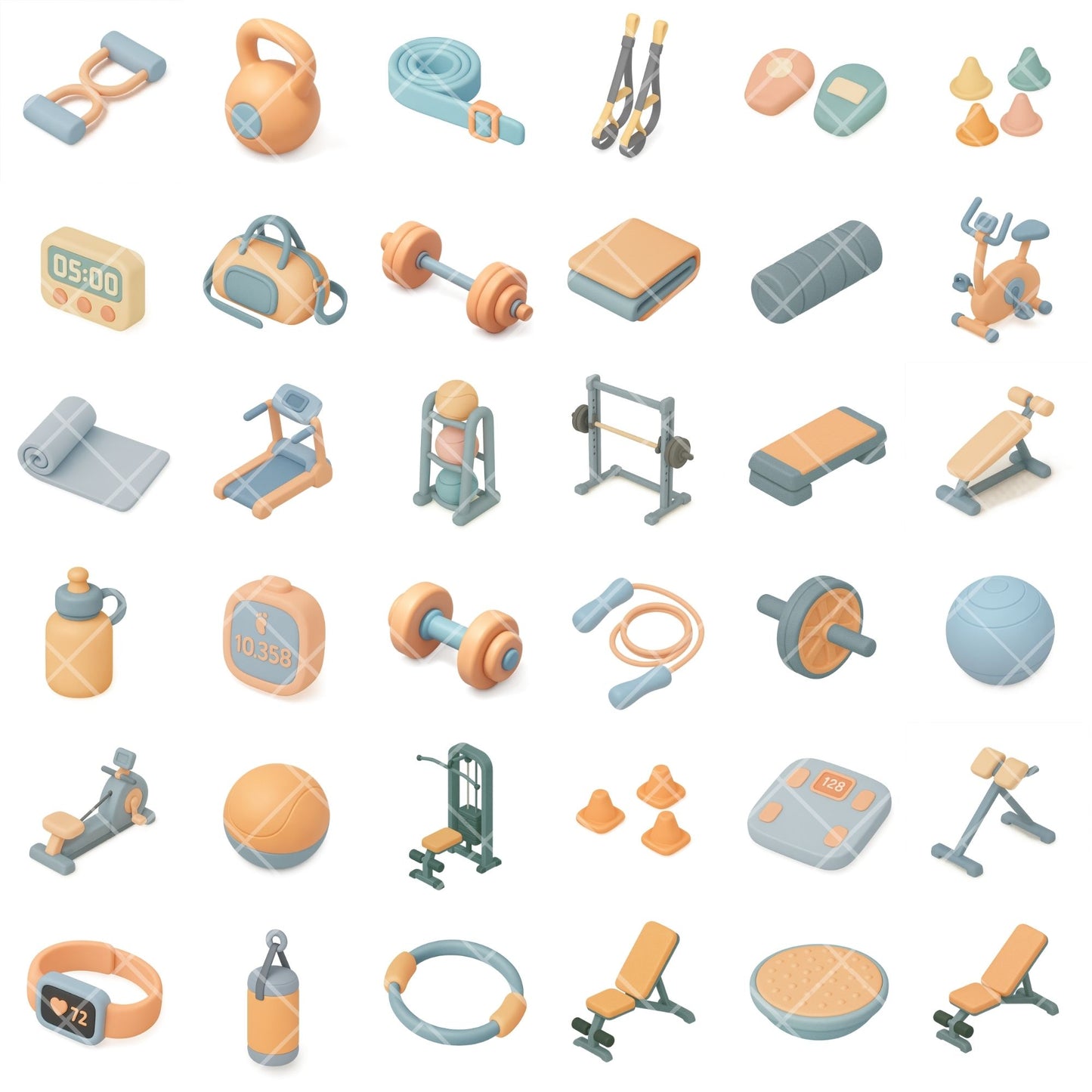 3D Fitness Clipart Bundle, Health Workout PNG, Isometric Gym Equipment, Fitness Planner Graphics