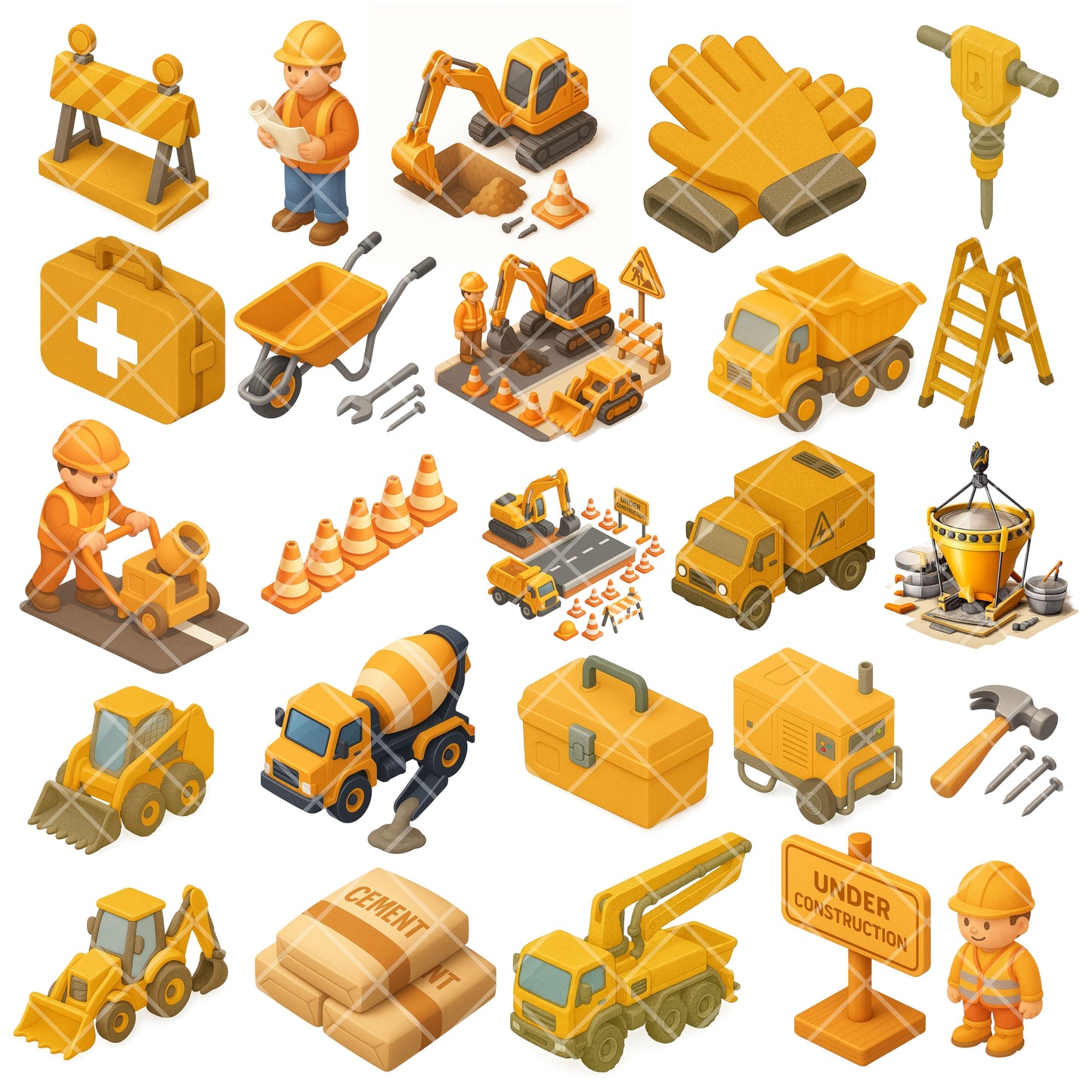 Construction Site 3D Isometric Clipart PNG | Heavy Machinery & Builder Tools | Kids Construction Graphics | Educational Clipart | Commercial Use