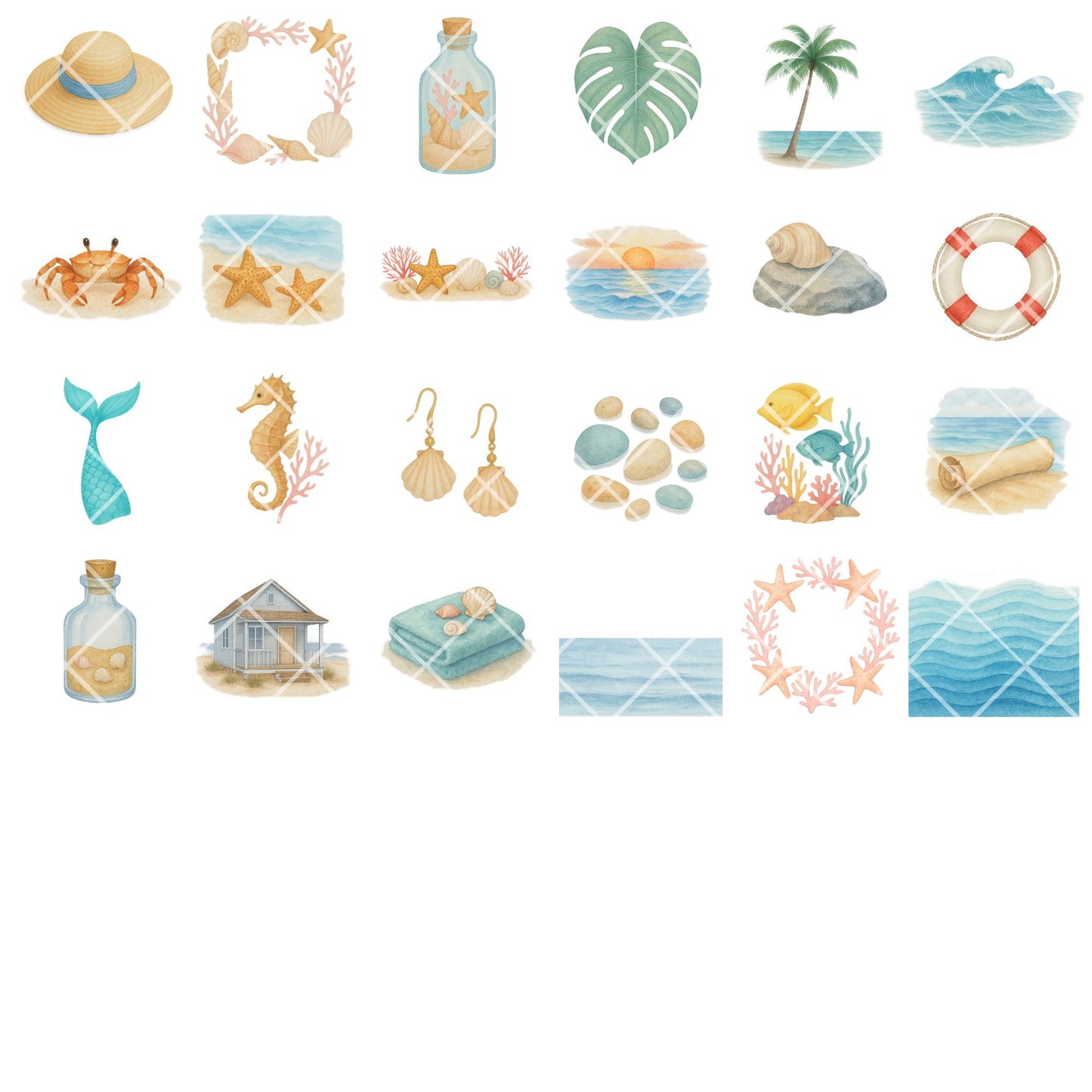 Coastal Watercolor Clipart PNG | Beach & Ocean Sea Life Art | Summer Beach Clipart | Ocean Treasures PNG | Commercial Use
