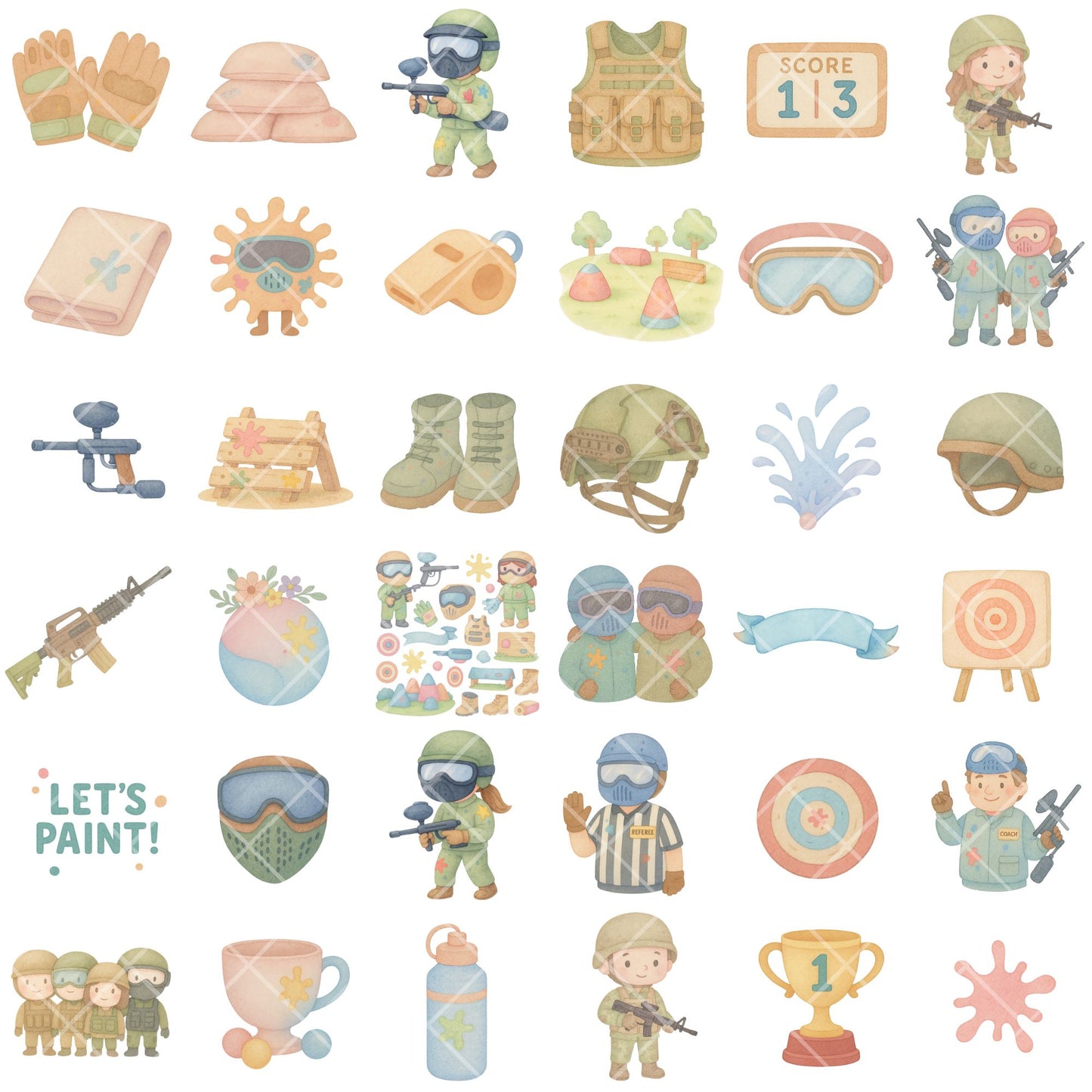 Paintball Watercolor Clipart, Kids Paintball PNG Bundle, Sports Party Graphics, Paintball Players & Gear