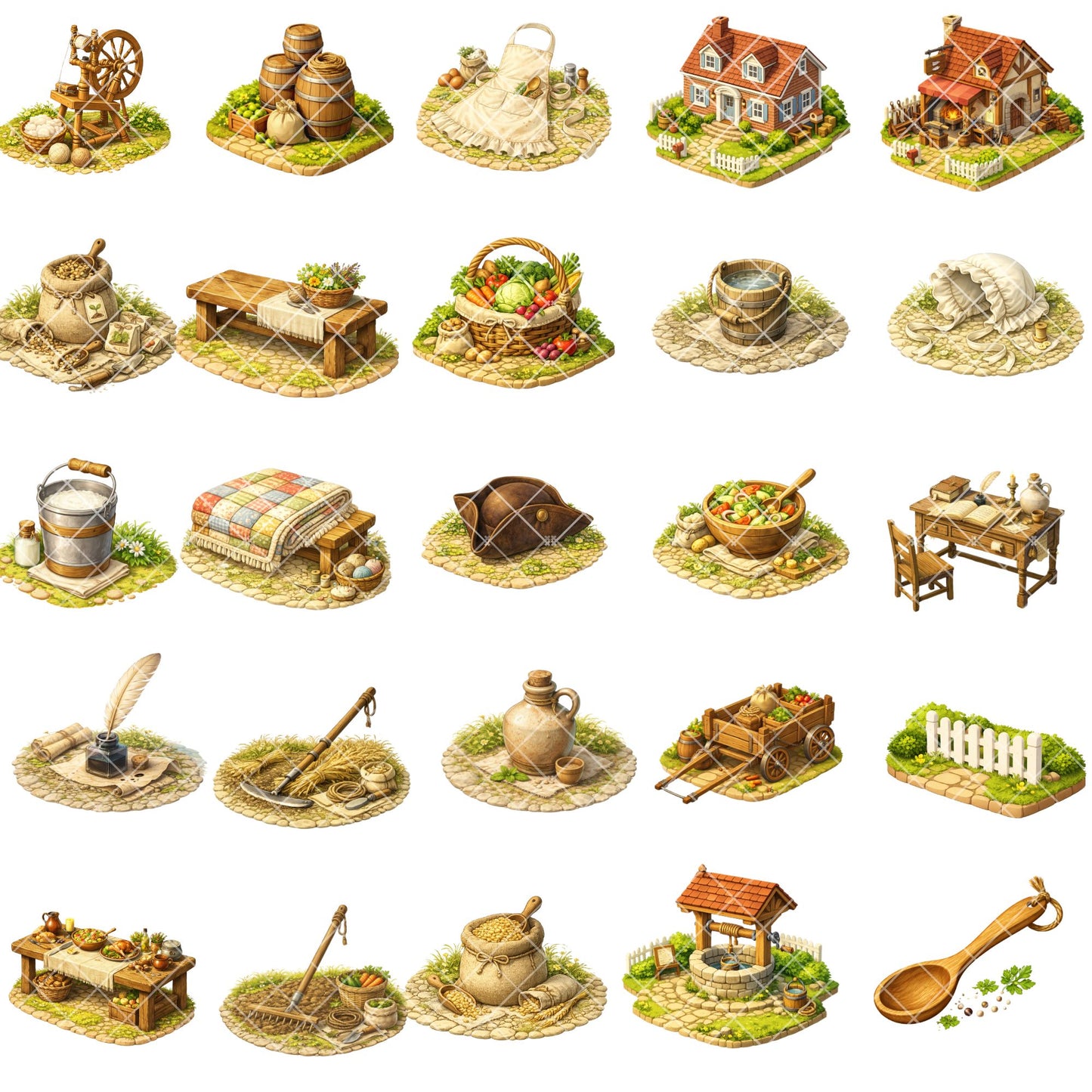 13 Colonies Clipart – Colonial Daily Life PNG Bundle – 54 Early American Homes, Tools & Classroom Graphics