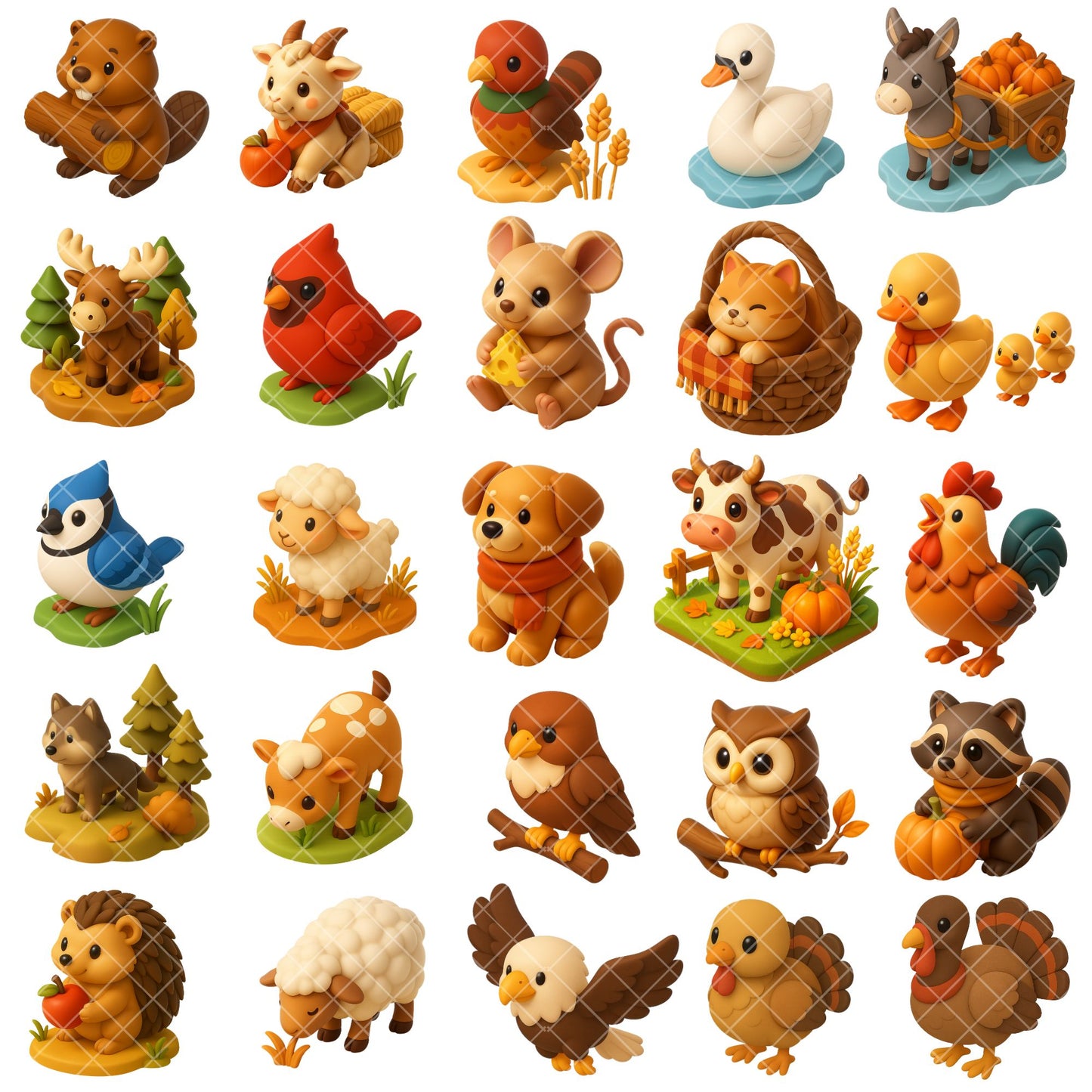 Thanksgiving Animal Clipart, Autumn Harvest PNG Bundle, Cute Fall Animals Pumpkins Leaves, Cozy 3D Art (56 PNG)