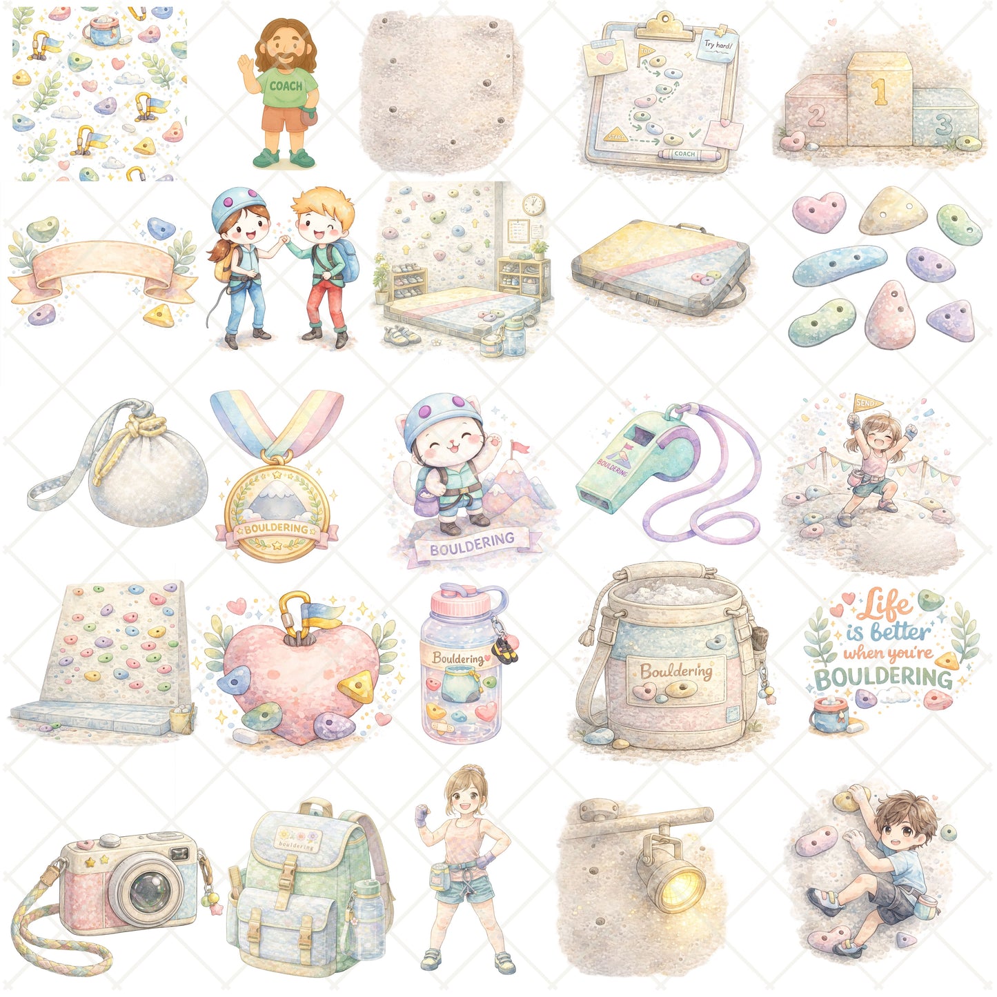 Bouldering Watercolor Clipart – 52 Kids Climbing PNGs – Pastel Rock Climbing Gym Sports Bundle