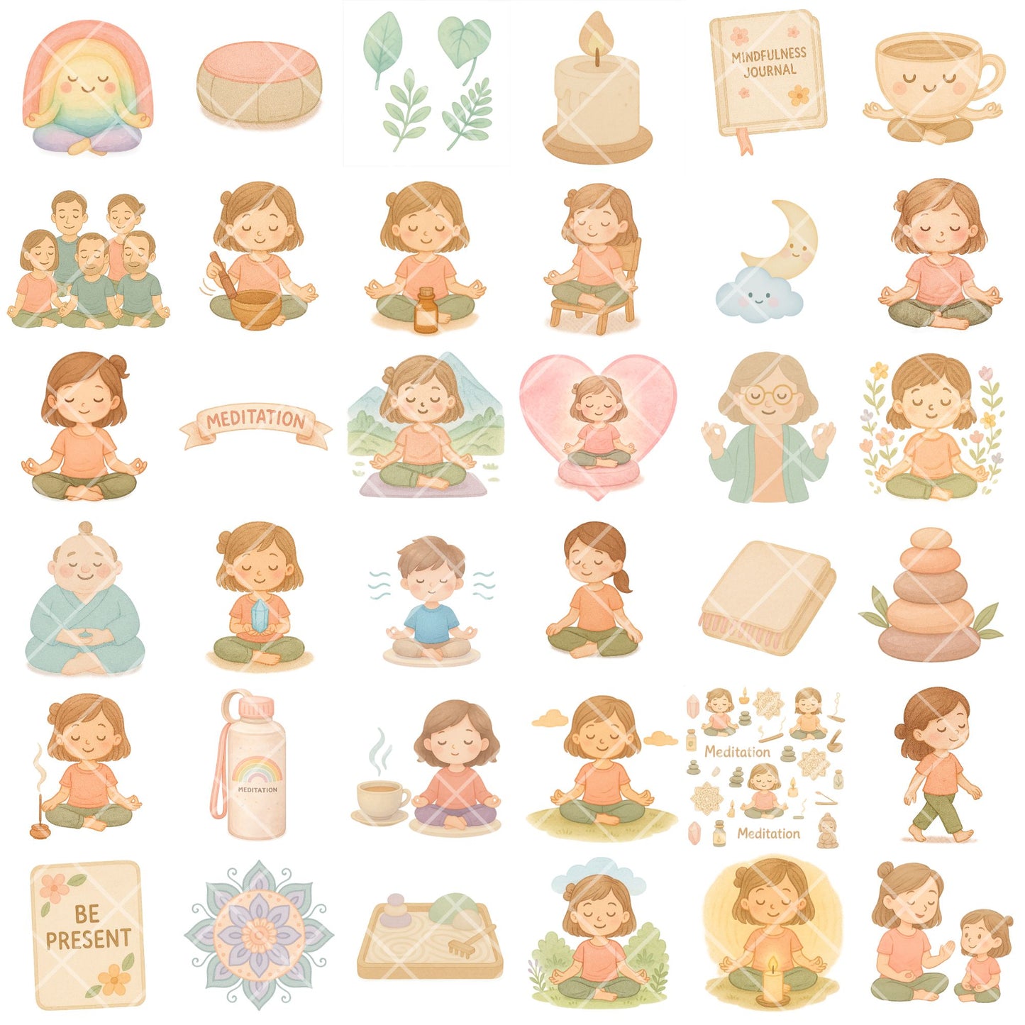 Meditation Watercolor Clipart, Mindfulness PNG Bundle, Yoga & Wellness Art, Calm Aesthetic Illustrations