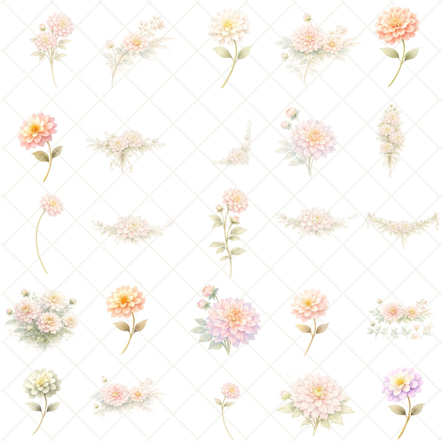 Dahlia Watercolor Clipart – 55 Pastel Floral PNG Files – Romantic Dahlia Bouquets & Garden Flowers