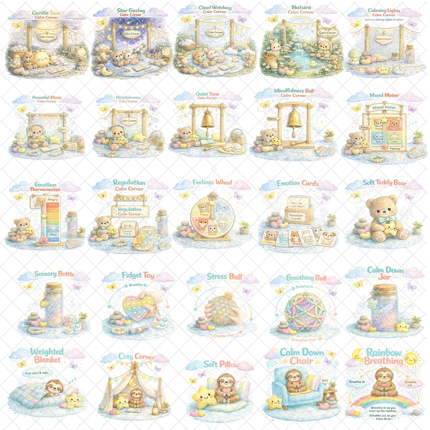 Calm Corner Clipart Set – 55 PNG Files | SEL Classroom Emotions, Coping Skills, Behavior & Regulation Charts