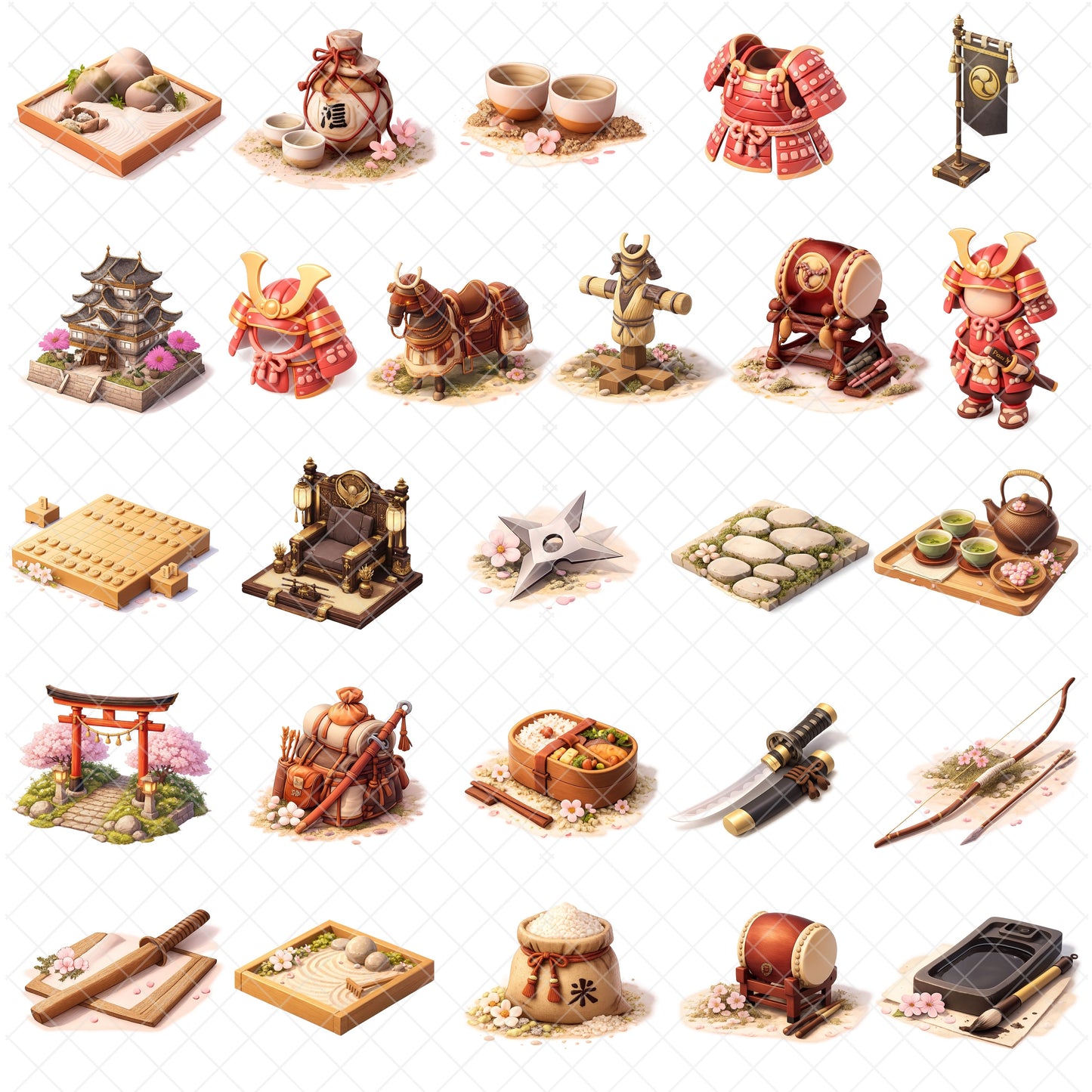 Ancient Japan PNG Clipart Bundle, Samurai Armor & Japanese Temple Art, Pagoda Lantern Zen Graphics, Watercolor 3D Style, Commercial Use, 55 PNG