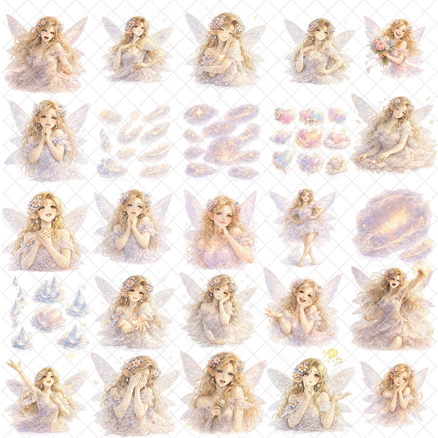 Fairy Emotions Watercolor Clipart PNG Bundle – 55 Fantasy Fairies for Stickers, Sublimation & Kids Projects