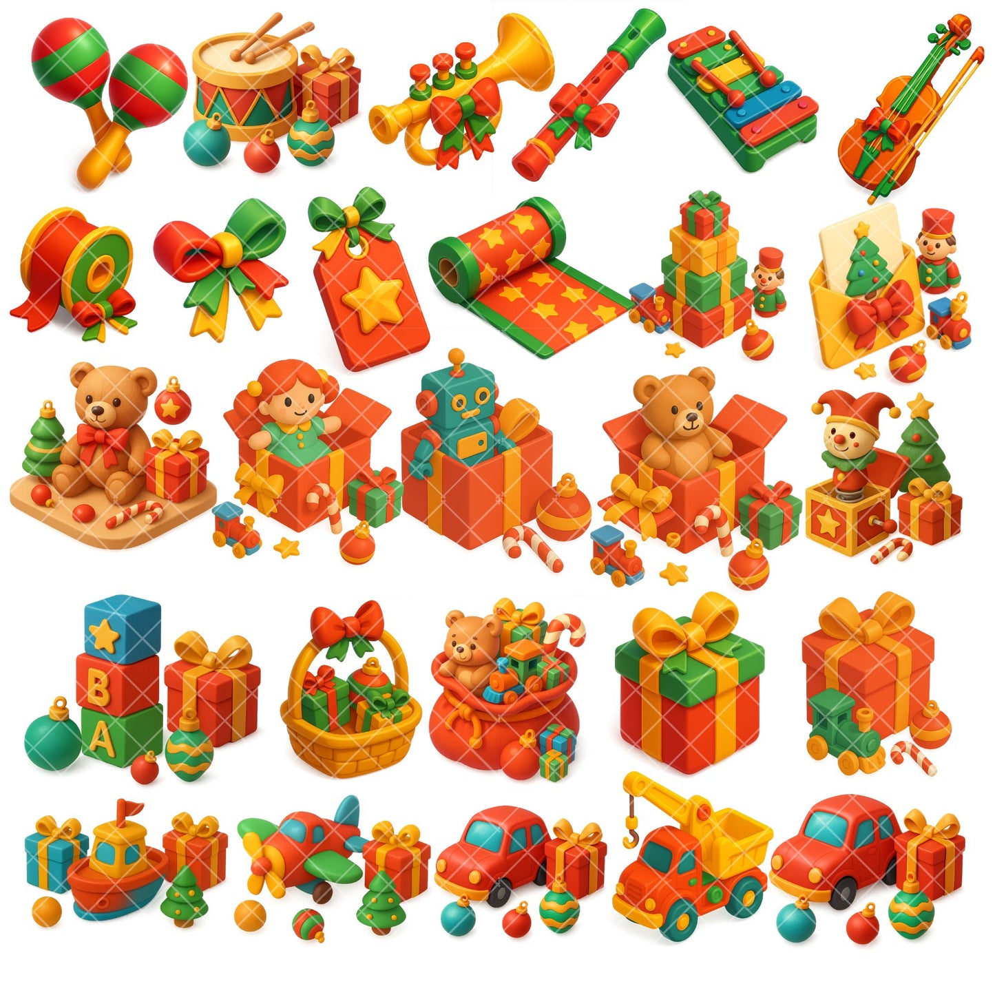 Christmas Toy Clipart Bundle – 3D Isometric Holiday PNG, Santa Toys, Gift Shop Clipart, Kids Christmas Graphics, 62 PNG Files