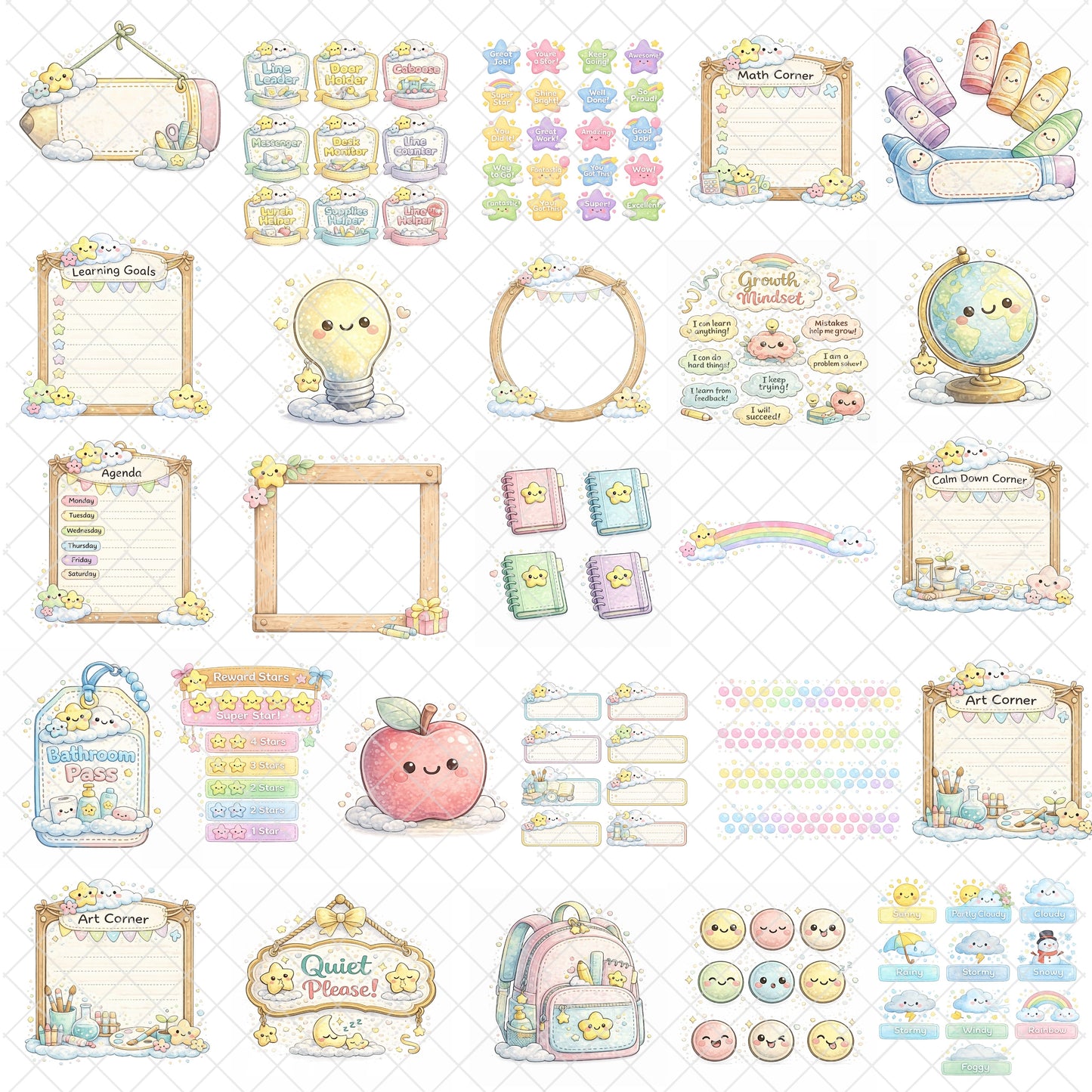 Kawaii Classroom Decor Clipart – 55 3D School PNGs | Teacher Printables, Bulletin Board, Labels & Signs