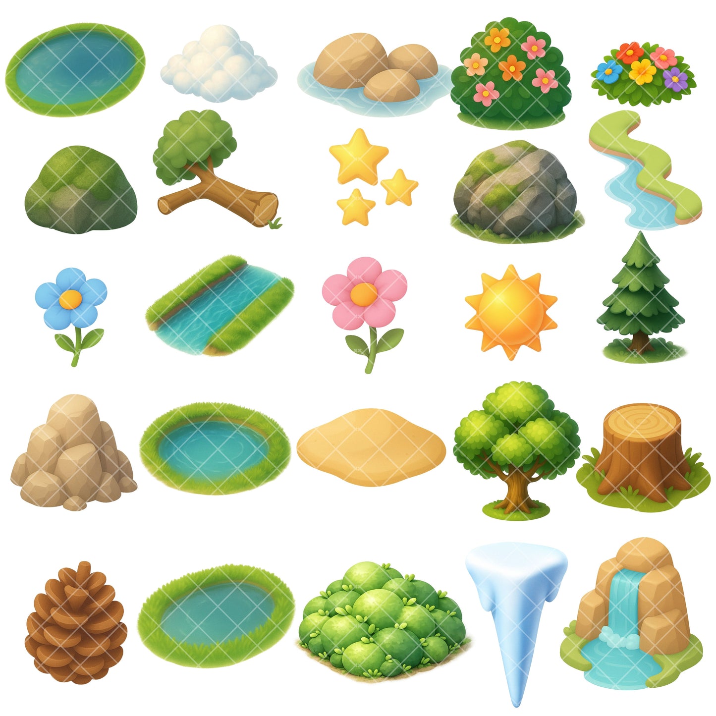 3D Isometric Nature Clipart PNG Bundle – 55 Game Environment Elements for Maps & Digital Design