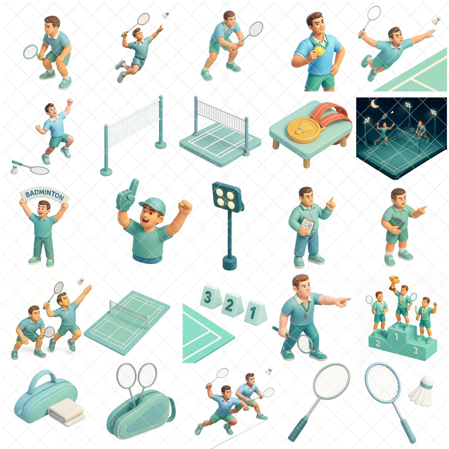 Badminton 3D Clipart Bundle – Match Moments PNG, Players, Rackets, Court Scenes & Trophies for Sports Graphics, 53 PNG