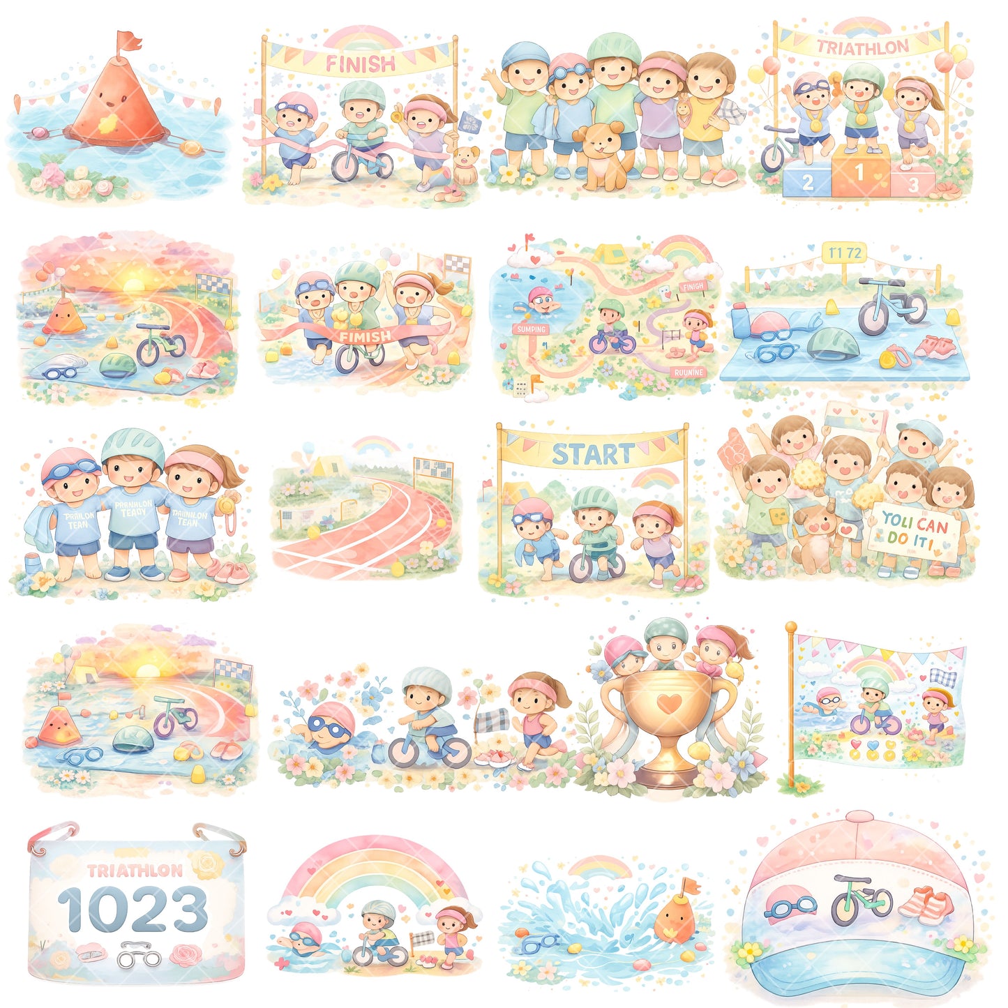 Triathlon Kids Watercolor Clipart Bundle – Sports Day PNG, Swimming Biking Running Art for Kids Crafts, Classroom & Printables, 52 PNG