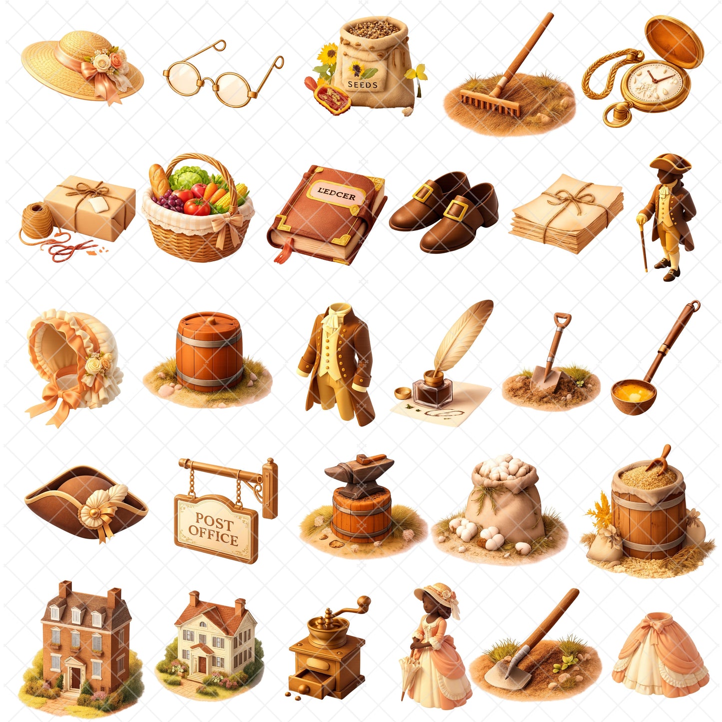Early Republic Clipart Bundle – Colonial Tools & Pioneer Life PNG, US History Classroom Graphics, Educational 3D Art, 55 PNG