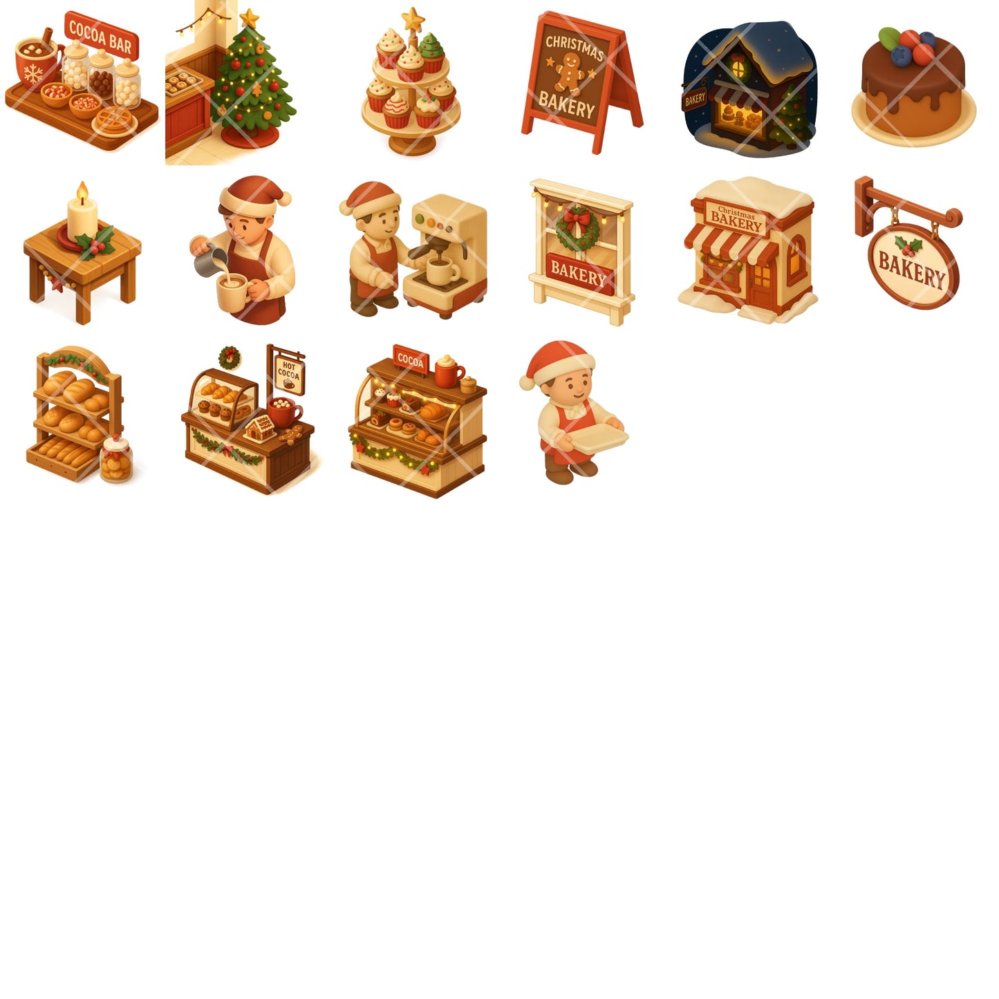 Christmas Bakery Clipart PNG | Hot Cocoa Shop 3D Isometric | Holiday Baking Cafe Art | Winter Sweets PNG | Commercial Use