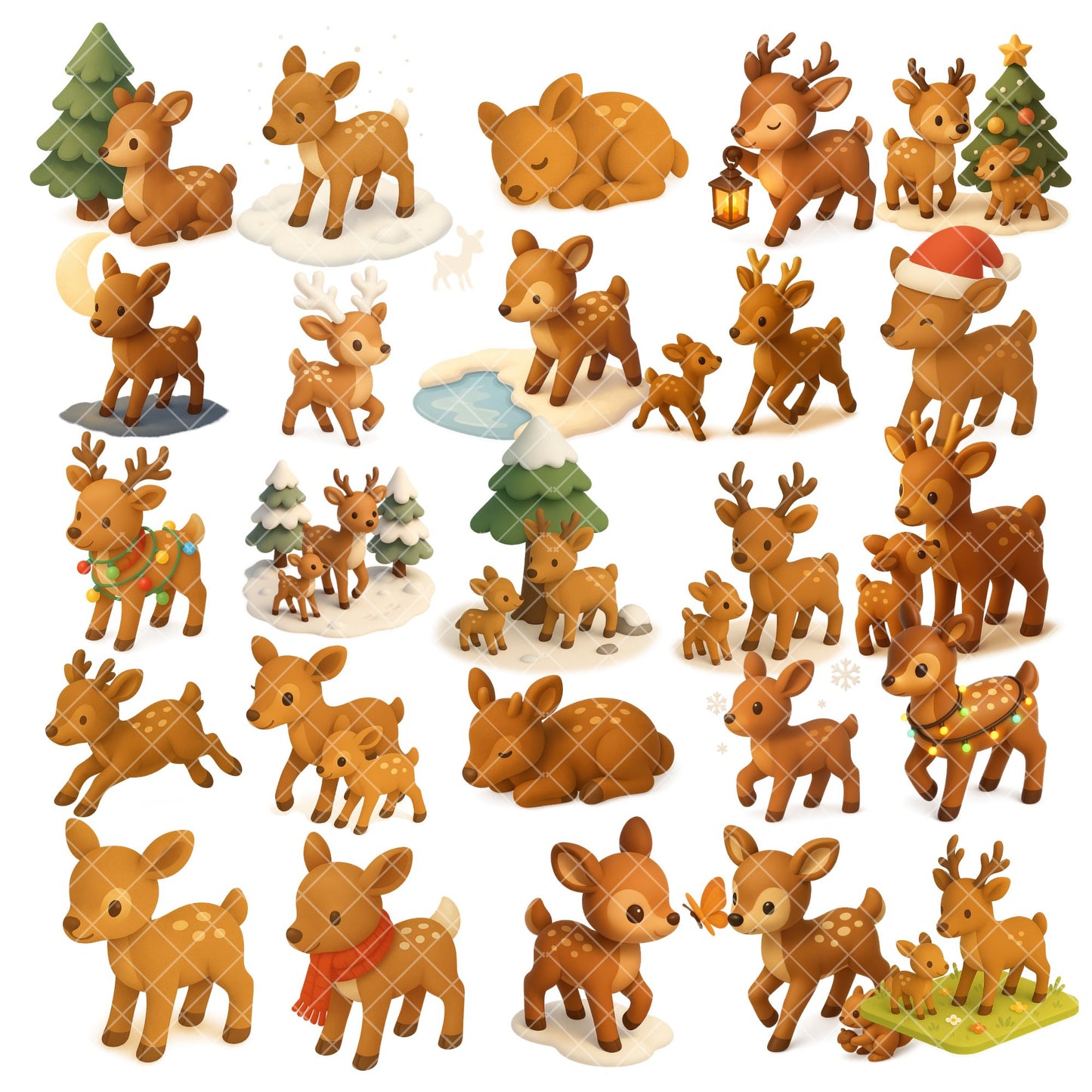 Deer Fawn Clipart – 3D Woodland Animal PNG Set, Cute Baby Deer Nursery & Winter Illustrations (50 Files)
