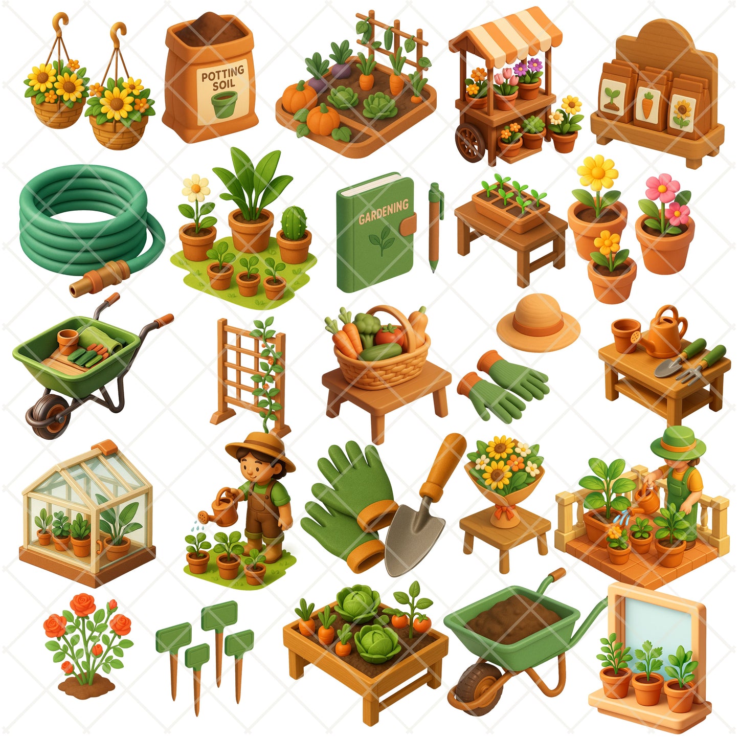 Gardening Clipart Bundle – 55 Isometric Garden PNGs – Tools, Plants, Vegetable Beds & Spring Planner Graphics