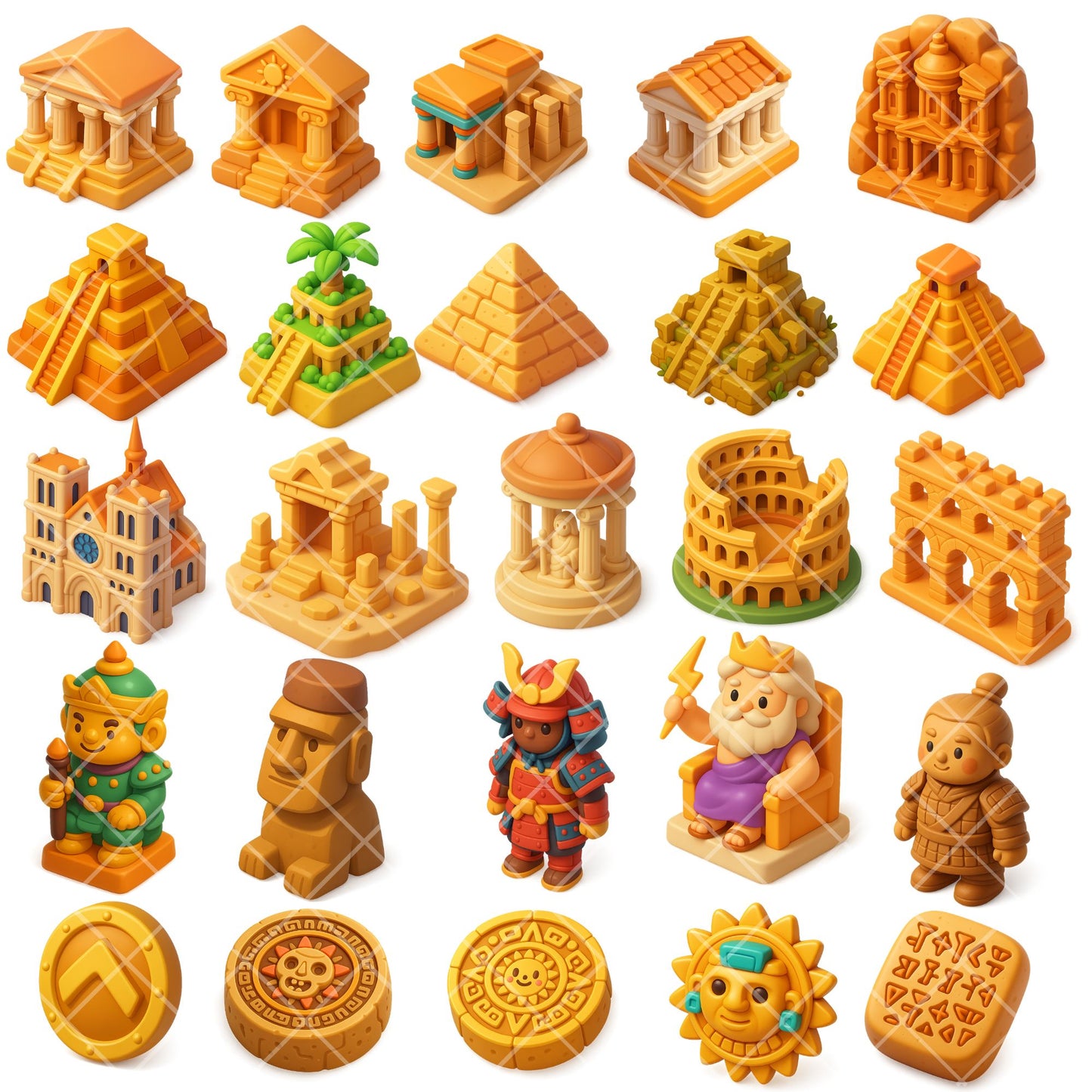 Ancient Civilizations Clipart – 3D History Landmarks PNG | Egypt, Rome, Greece, Maya, World History
