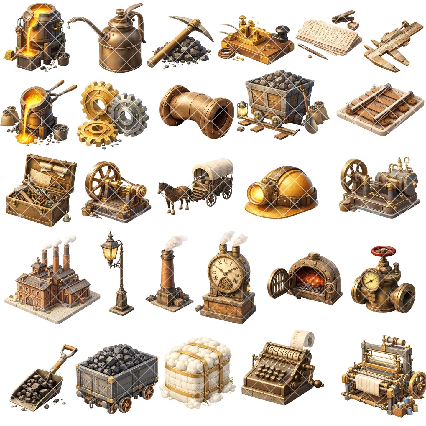 Industrial Revolution Clipart – 55 3D PNG Files – Steam Engine, Vintage Machinery & History Classroom Graphics