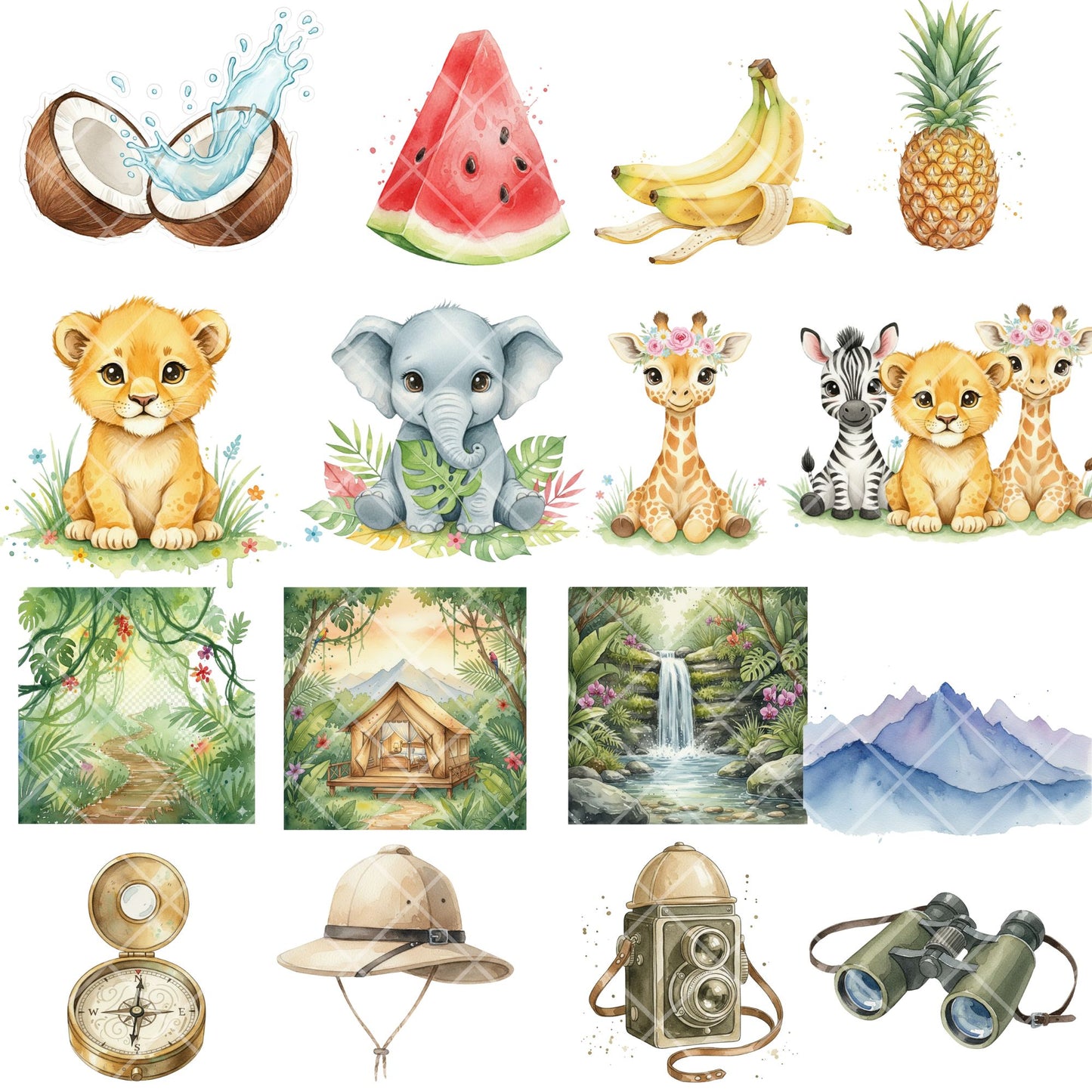 Watercolor Jungle Animal Clipart – Safari PNG Bundle | Lions, Elephants, Toucans, Tropical Animals (50 Files)