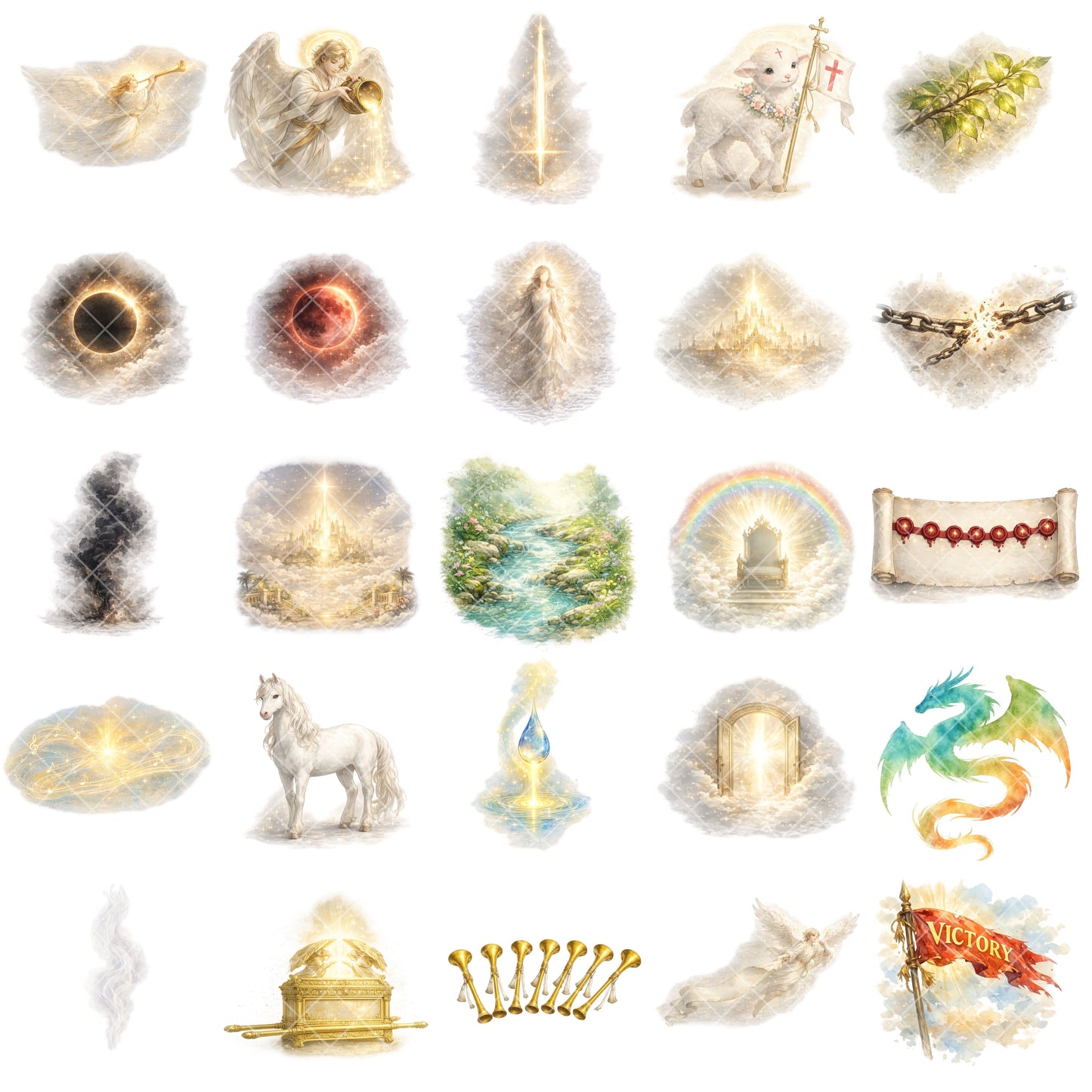 Revelation Clipart – 60 Angel & Heaven PNG Files – Christian Symbolic Watercolor Graphics