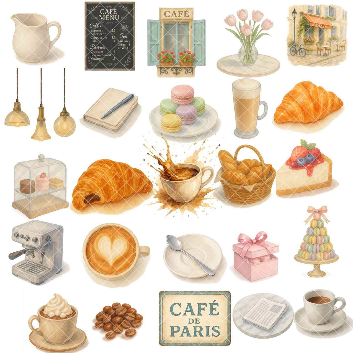 Watercolor European Cafe Clipart – Coffee & Croissant PNG Set, Paris Cafe Pastry Illustrations (53 Files)