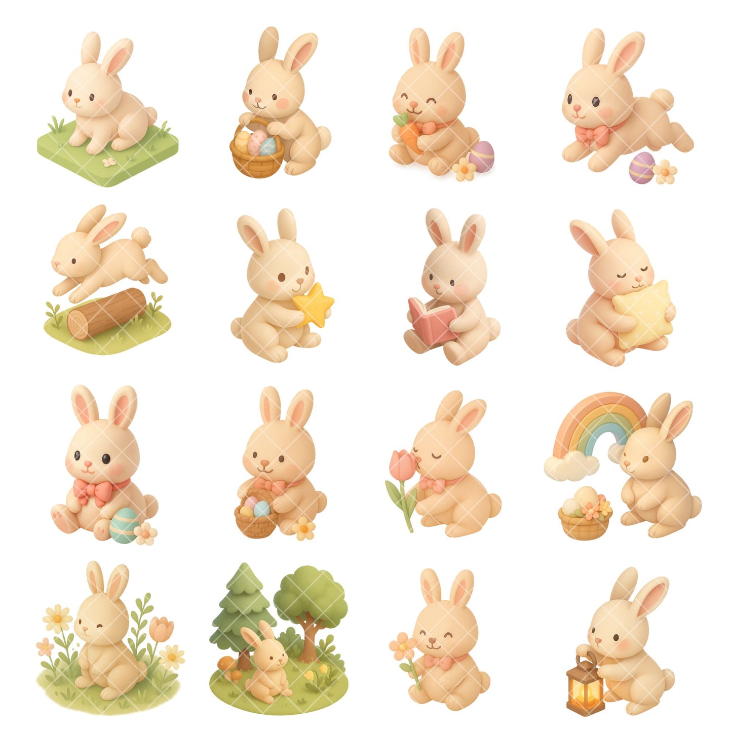 Pastel Easter Bunny Clipart Bundle – Kawaii Rabbit & Chick PNG, Cute Spring Animals, 3D Bunny Clipart, 51 PNG