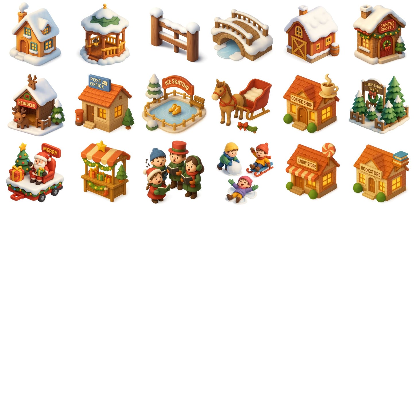 Christmas Village Clipart, 3D Holiday Town PNG Bundle, Winter Houses Shops Lampposts, Festive Decor Set (54 PNG)