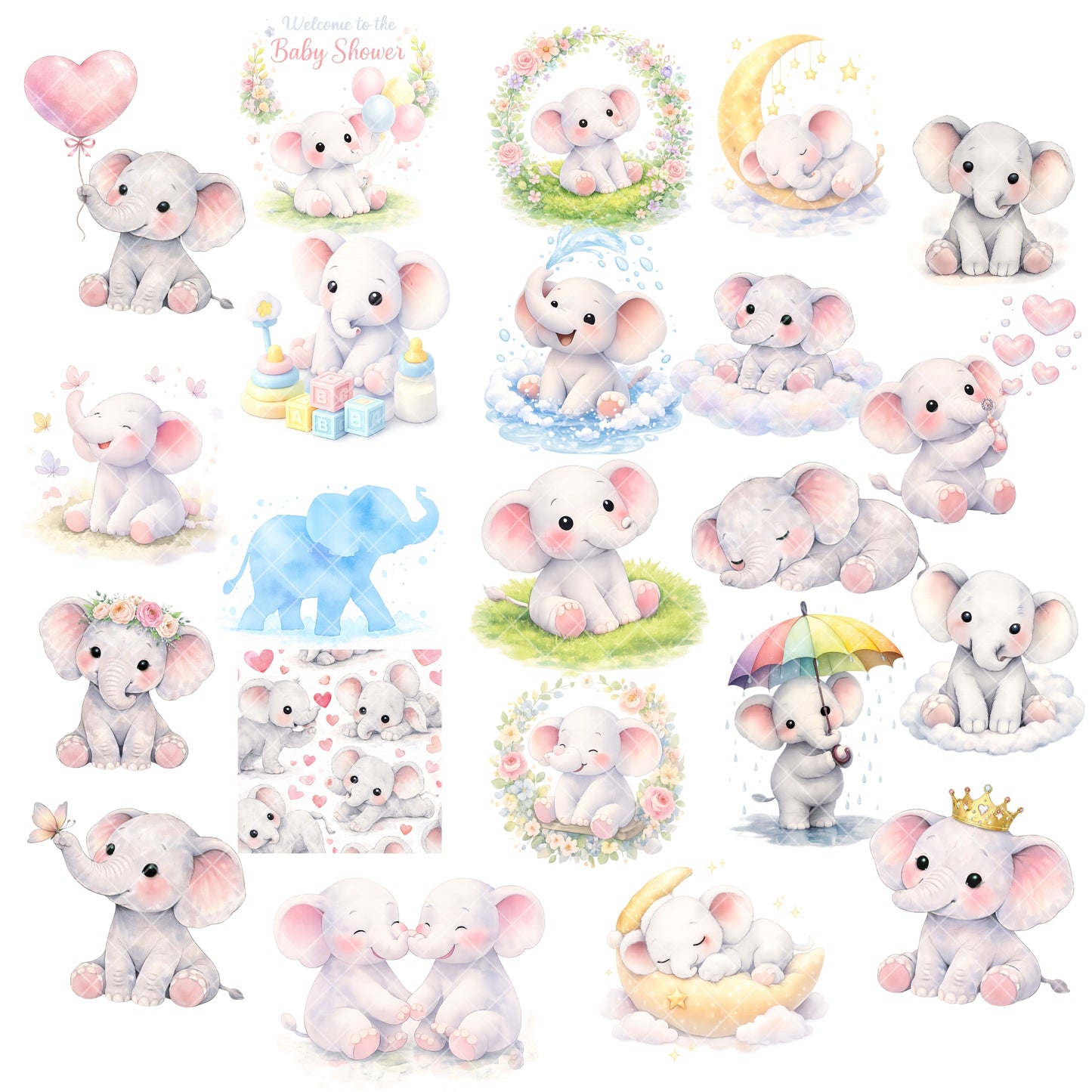 Elephant Family Watercolor Clipart PNG | Baby Elephant Nursery Animals | Jungle Safari Kids Art | Baby Shower Graphics | Commercial Use