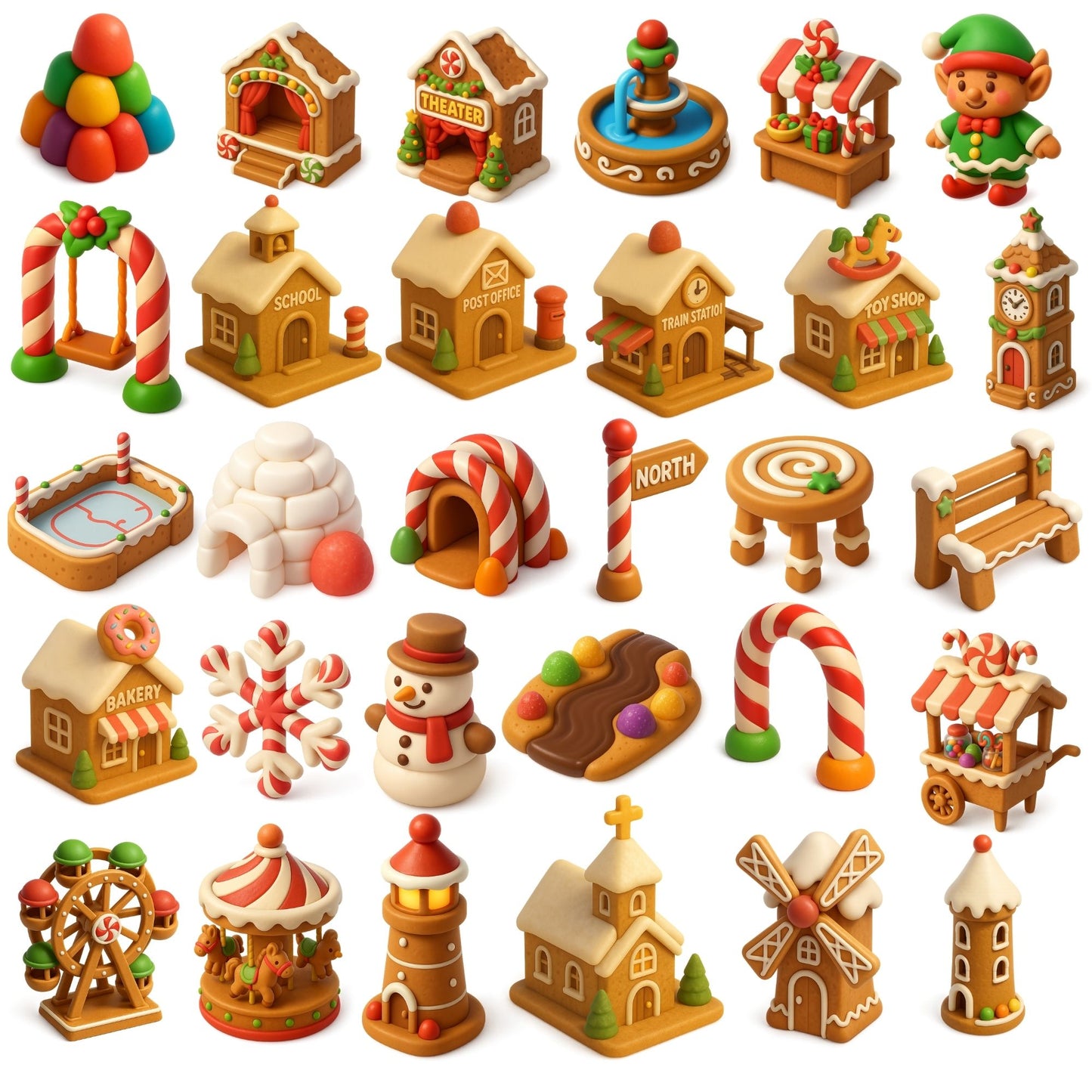 Gingerbread Village Clipart Bundle – 3D Christmas PNG, Candy House & Holiday Town Graphics, Cute Festive Clipart, 60 PNG