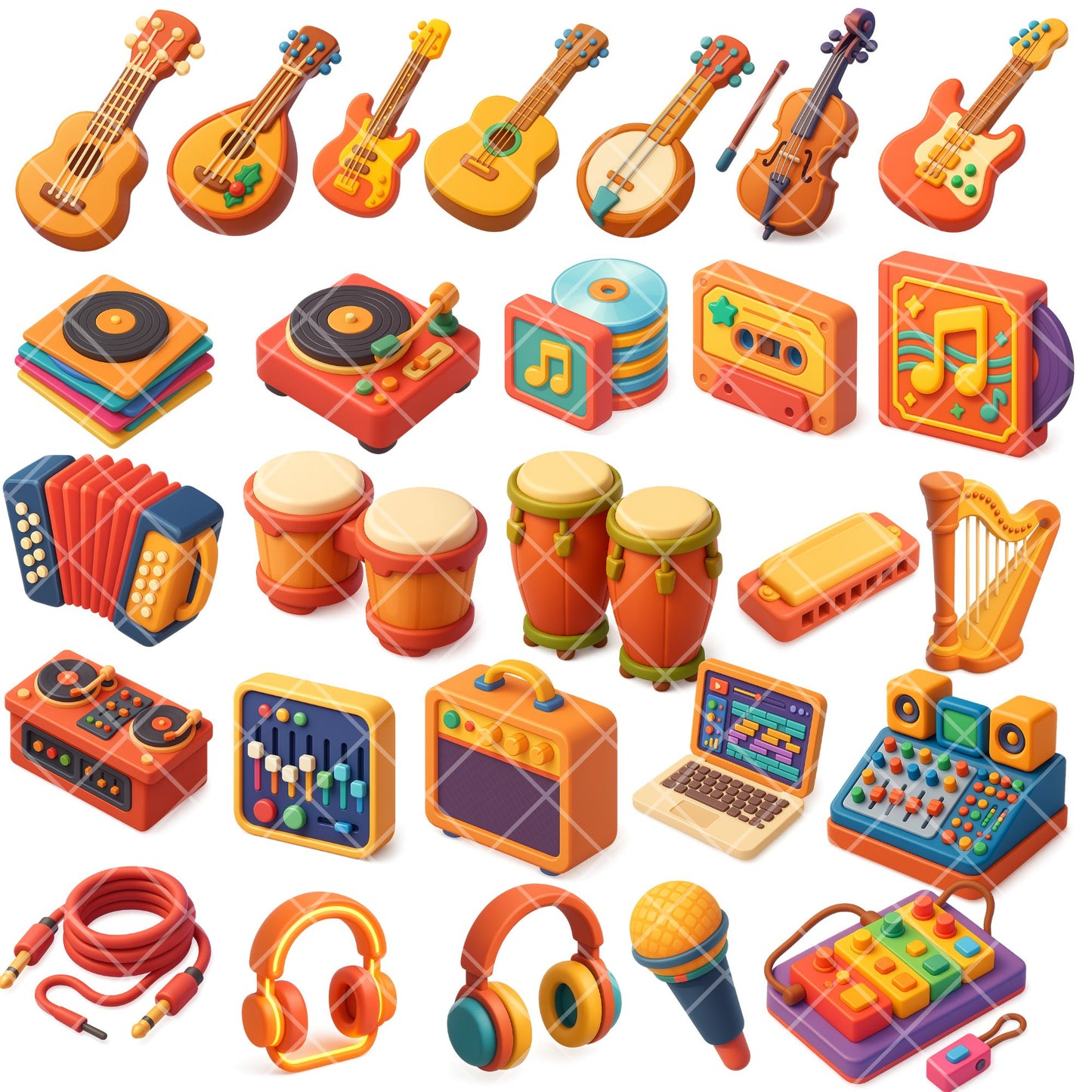 3D Music Instrument Clipart – Studio Equipment PNG Bundle | Guitars, Piano, Drums, Microphones (60 Files)