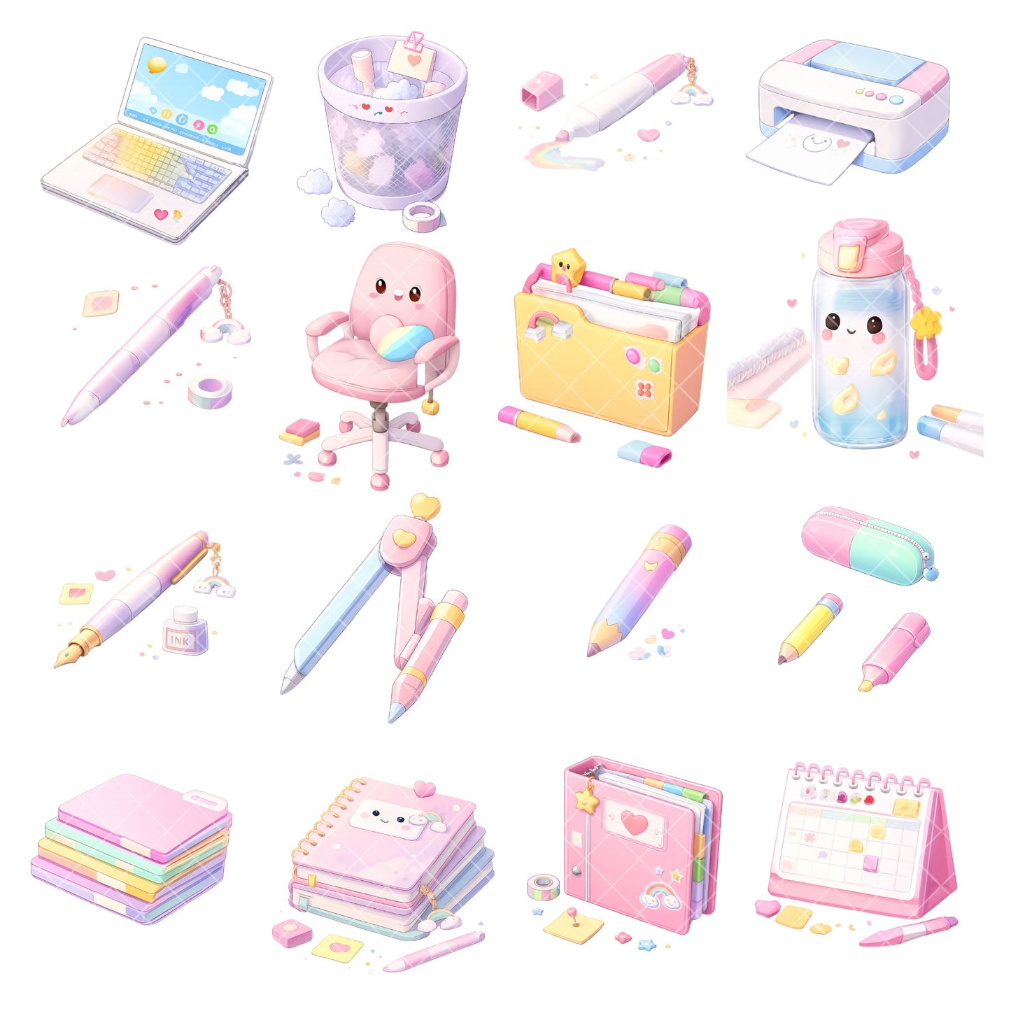 Pastel Office Clipart Bundle – 3D Kawaii Desk & Planner PNGs (58 Files) – Cute Productivity Tools, Digital Planner Graphics, Small Business Branding