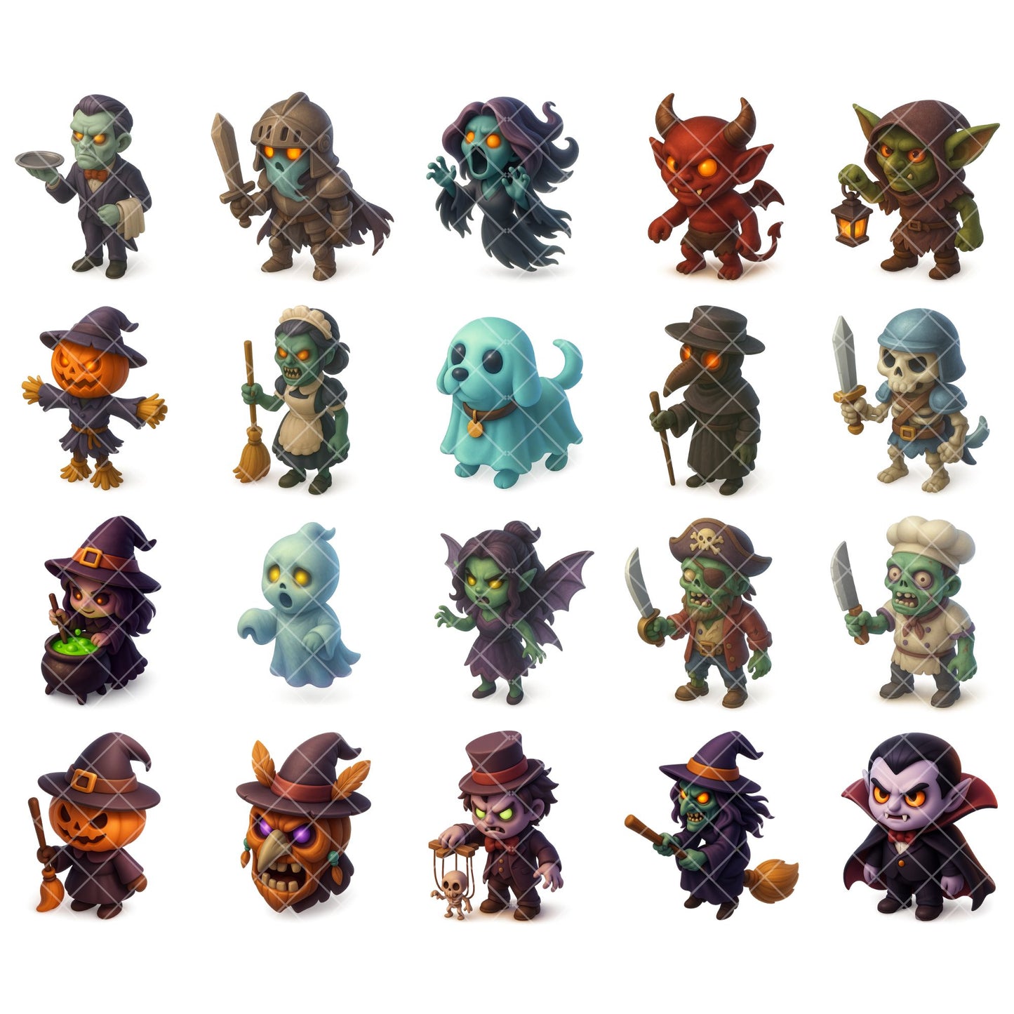 Halloween Clipart Characters – Spooky Cute Witches, Ghosts & Monsters PNG | 3D Halloween Art (54 Files)
