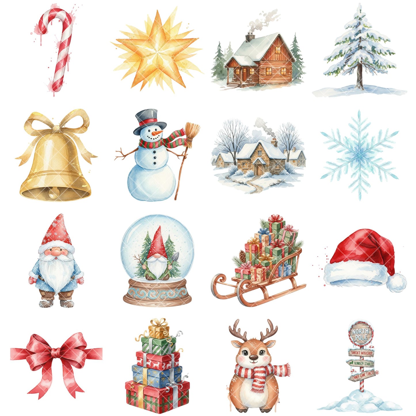 Christmas Gnome Village Watercolor Clipart Bundle – Cozy Winter Holiday PNG, Gnomes, Cabins & Gifts for Cards, Sublimation & Crafts, 54 PNG