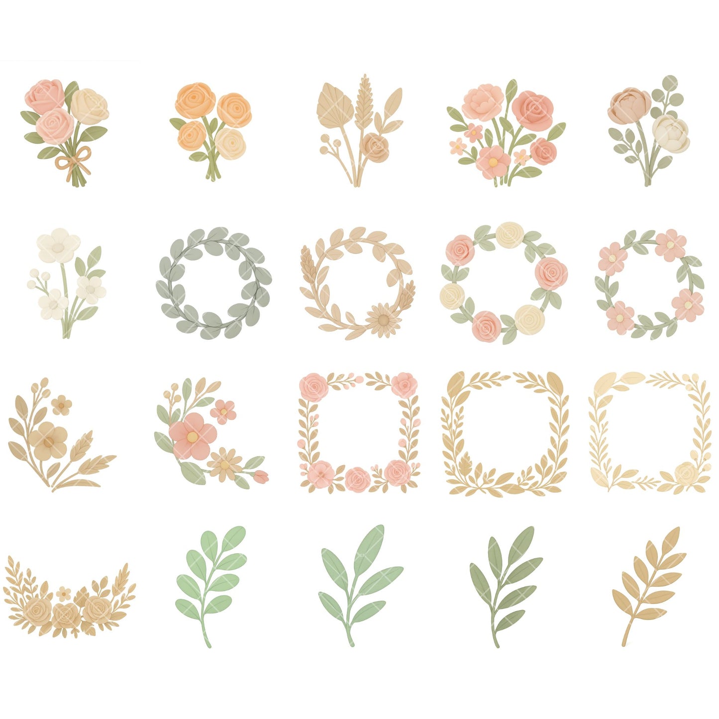 Boho Floral 3D Clipart PNG | Neutral Flower Graphics | Wedding Invitation Flowers | Boho Branding Elements | Commercial Use