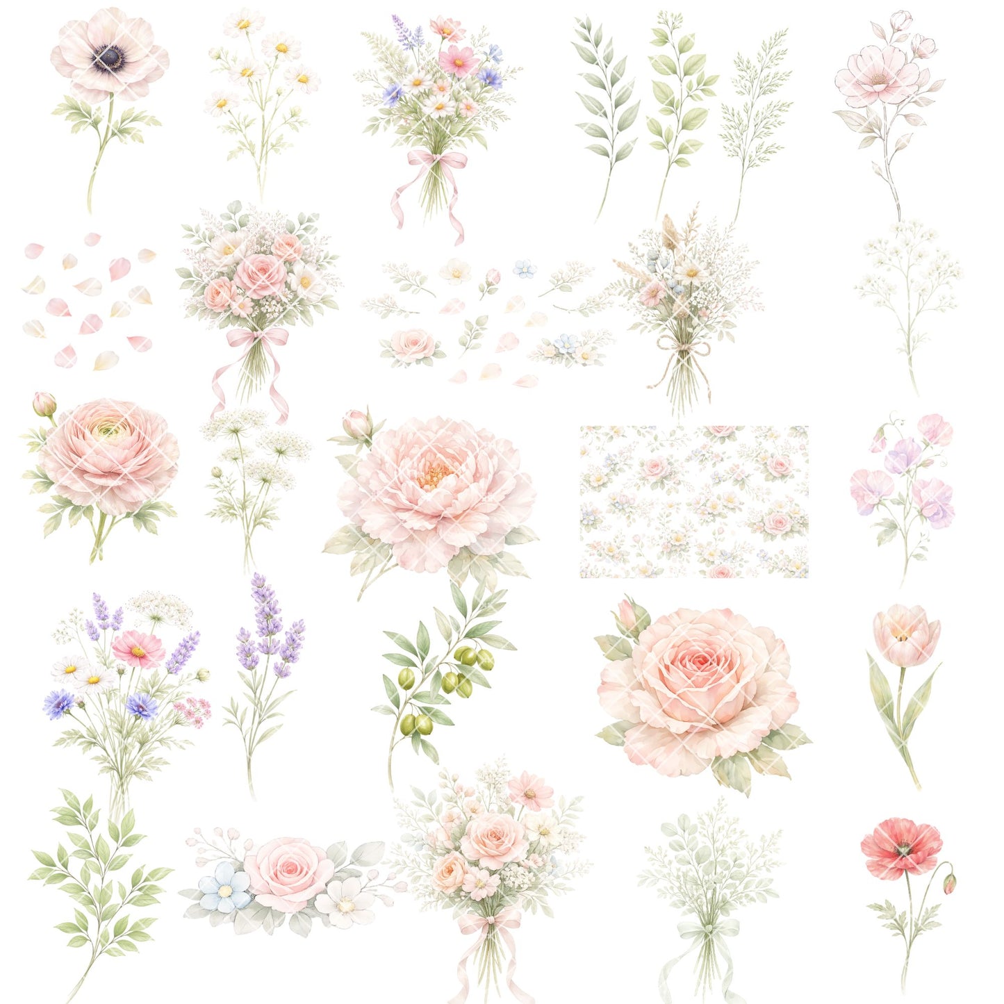 Pastel Floral Watercolor Clipart – 55 Flower PNG Files – Roses, Peonies, Tulips & Bouquet Graphics