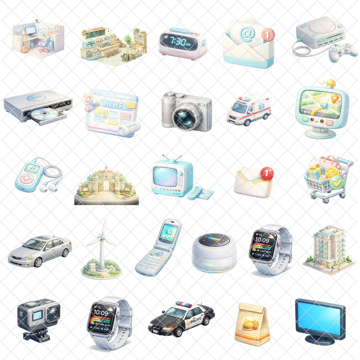 Modern American History 3D Clipart PNG Bundle – 54 Early 2000s Technology & Culture Graphics for Classroom