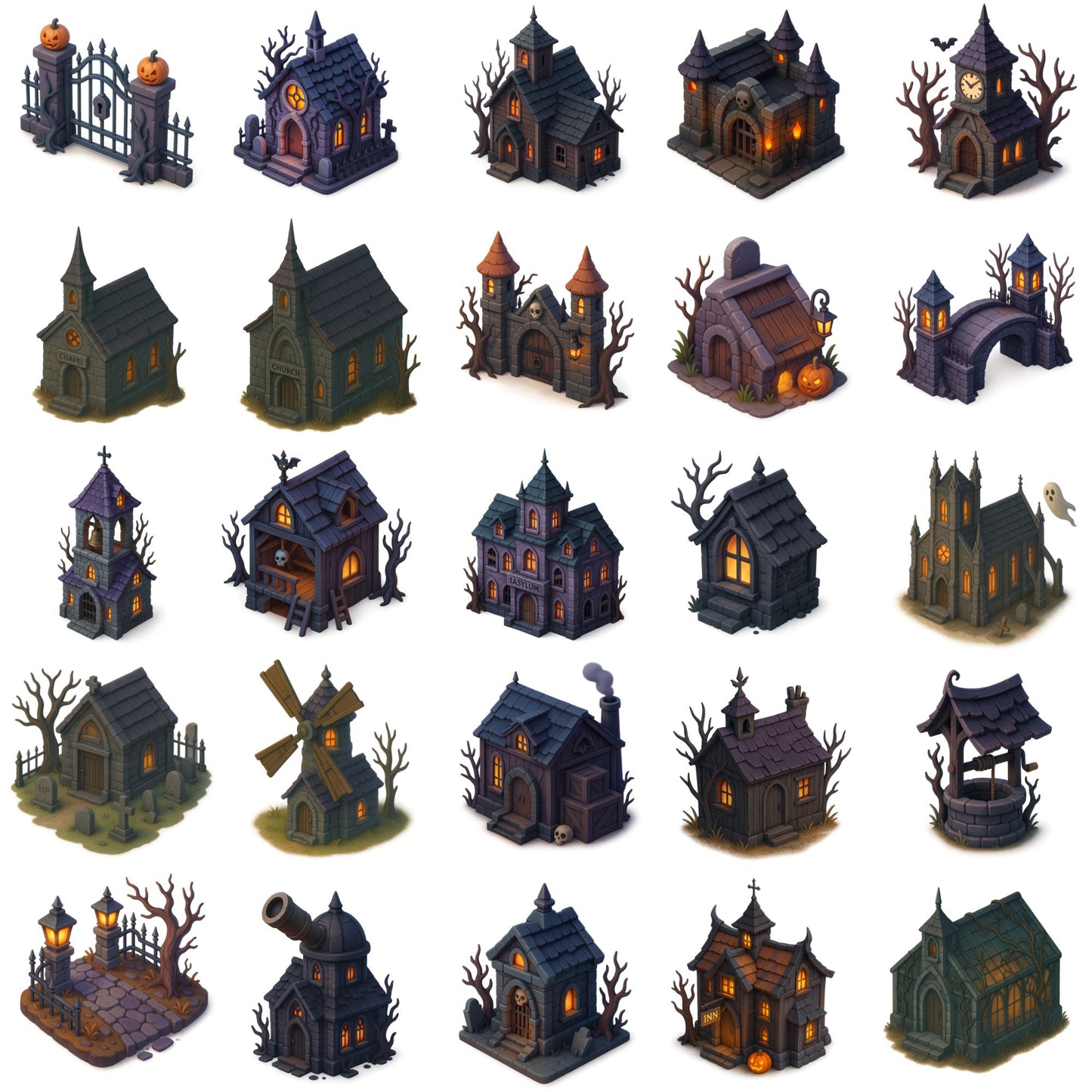 Halloween Haunted Houses Clipart, 3D Gothic Architecture PNG Bundle, Spooky Buildings Village Set (60 PNG)