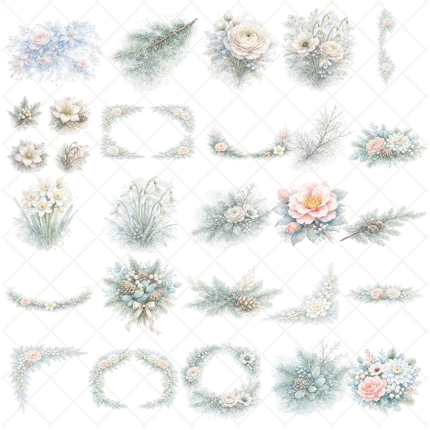 Winter Christmas Floral Clipart – 55 Watercolor Holiday PNG Files – Pine, Roses & Snowy Botanical Graphics